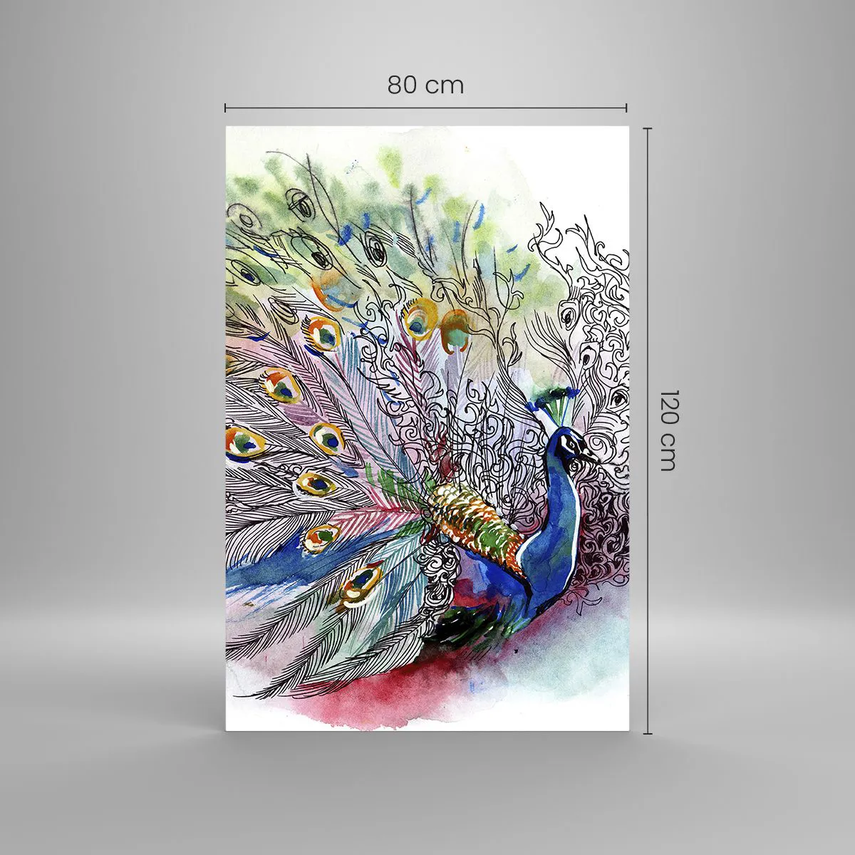 Impression sur verre - Image sur verre - Un paon dans un style aquarelle coloré avec des plumes abstraites - 80x120cm - Avec fierté contre la grisaille - Décoration murale moderne pour le salon et la chambre ARTTOR