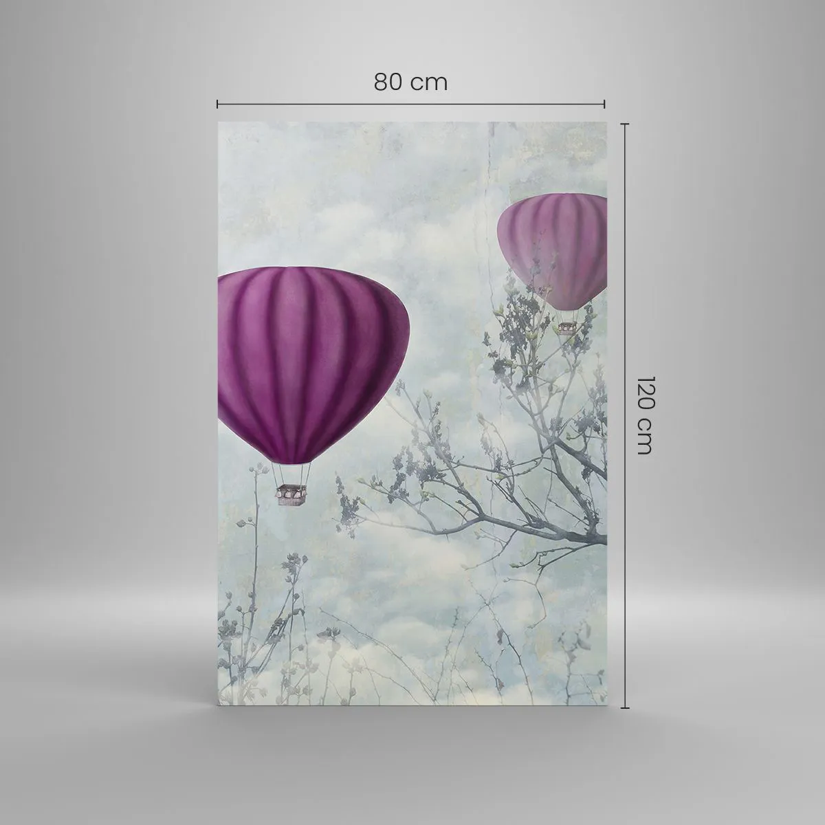 Impression sur verre - Image sur verre - Des ballons violets flottant au-dessus des arbres dans les nuages - 80x120cm - Comme des navires dans le ciel - Décoration murale moderne pour le salon et la chambre ARTTOR