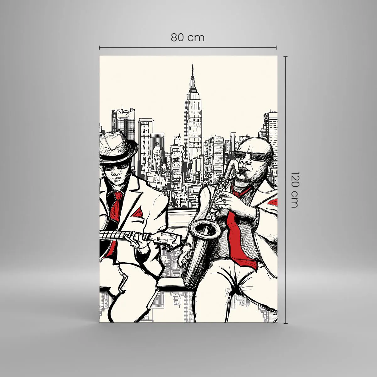 Obraz na szkle - Jazzowy duet z saksofonem i gitarą na tle miasta - 80x120cm - Nowojorska improwizacja - Nowoczesna dekoracja ścienna do salonu i sypialni ARTTOR