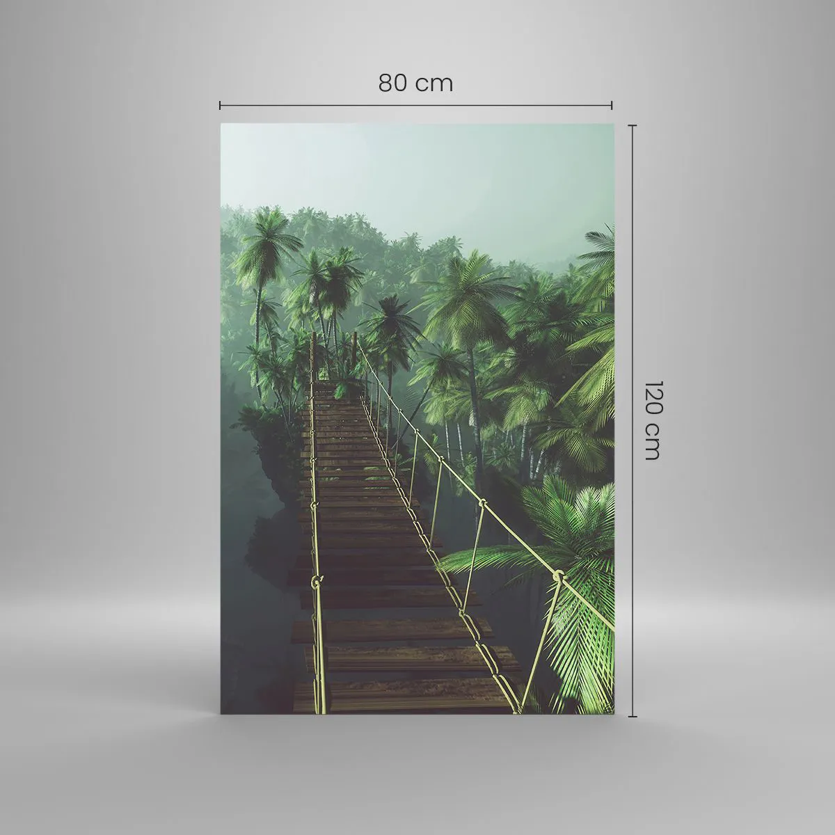 Impression sur verre - Image sur verre - Un pont suspendu dans une forêt tropicale entourée de brouillard. - 80x120cm - Au fil de la verdure - Décoration murale moderne pour le salon et la chambre ARTTOR