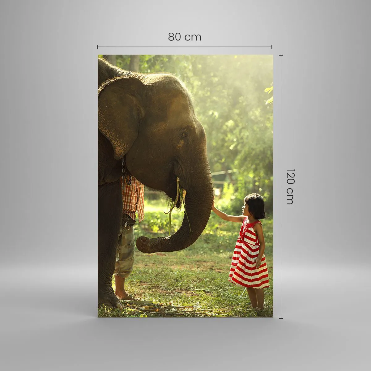 Obraz na szkle - Dziewczynka w czerwonej sukience dotykająca słonia w lesie - 80x120cm - Siła przyjaźni - Nowoczesna dekoracja ścienna do salonu i sypialni ARTTOR