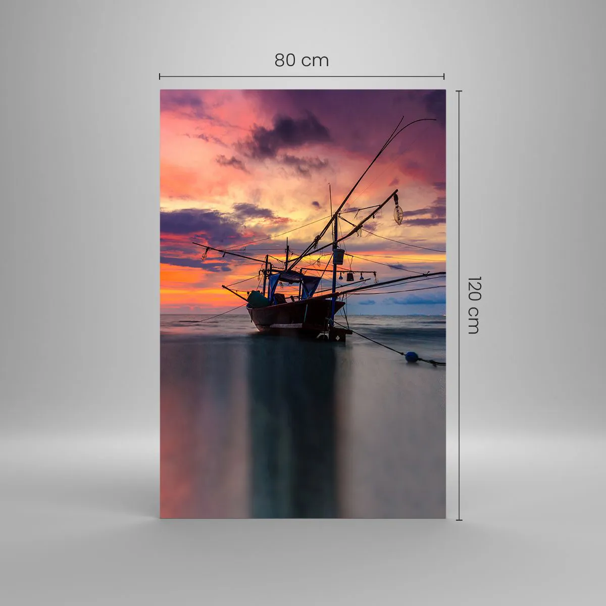 Glasbild - Bild auf glas - Ein Fischerboot vor der Kulisse eines farbenfrohen Sonnenuntergangs - 80x120cm - Exotischer Abend - Moderne Wanddekoration für Wohnzimmer und Schlafzimmer ARTTOR