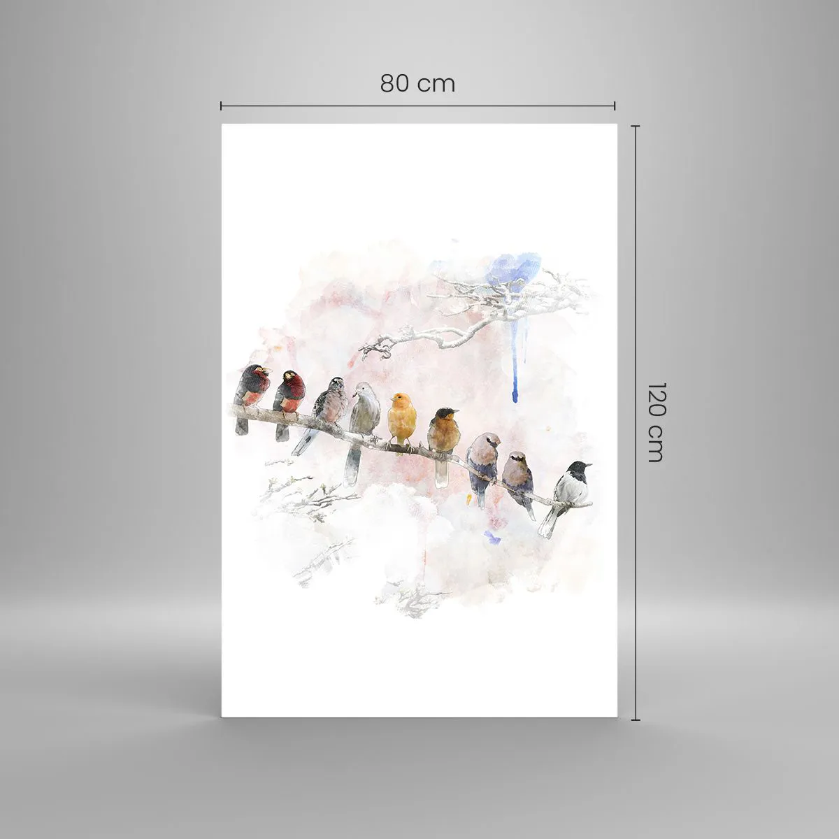 Glasbild - Bild auf glas - Bunte Vögel auf einem Ast im Aquarellstil - 80x120cm - Geflügeltes Treffen - Moderne Wanddekoration für Wohnzimmer und Schlafzimmer ARTTOR
