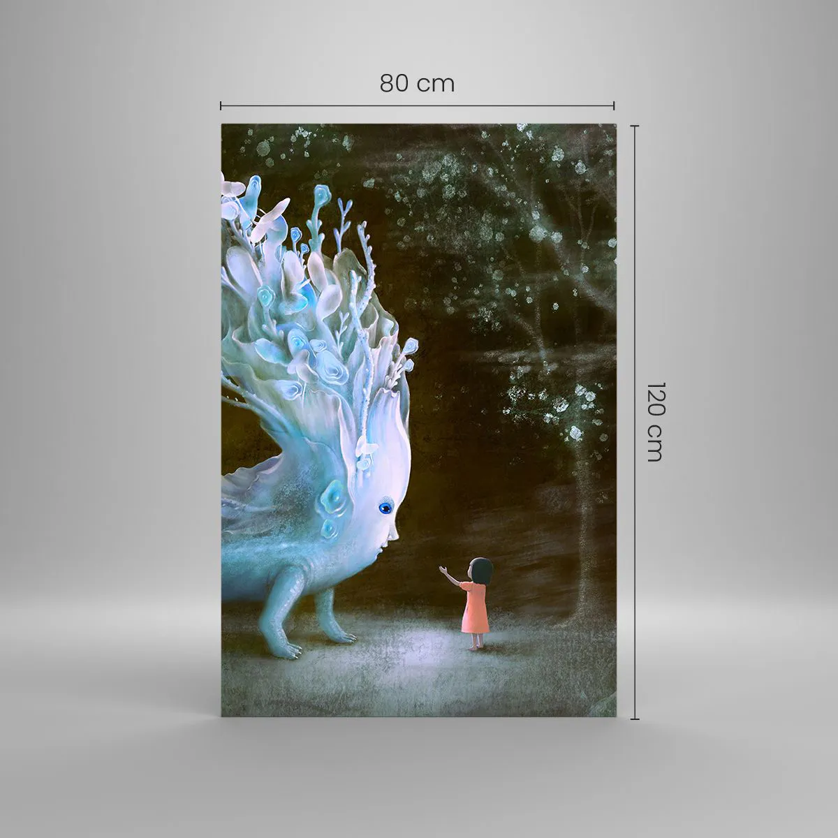 Quadro su vetro - La figura di una ragazza di fronte a una creatura fantastica - 80x120cm - Incontro fantastico - Decorazione murale moderna per soggiorno e camera da letto ARTTOR
