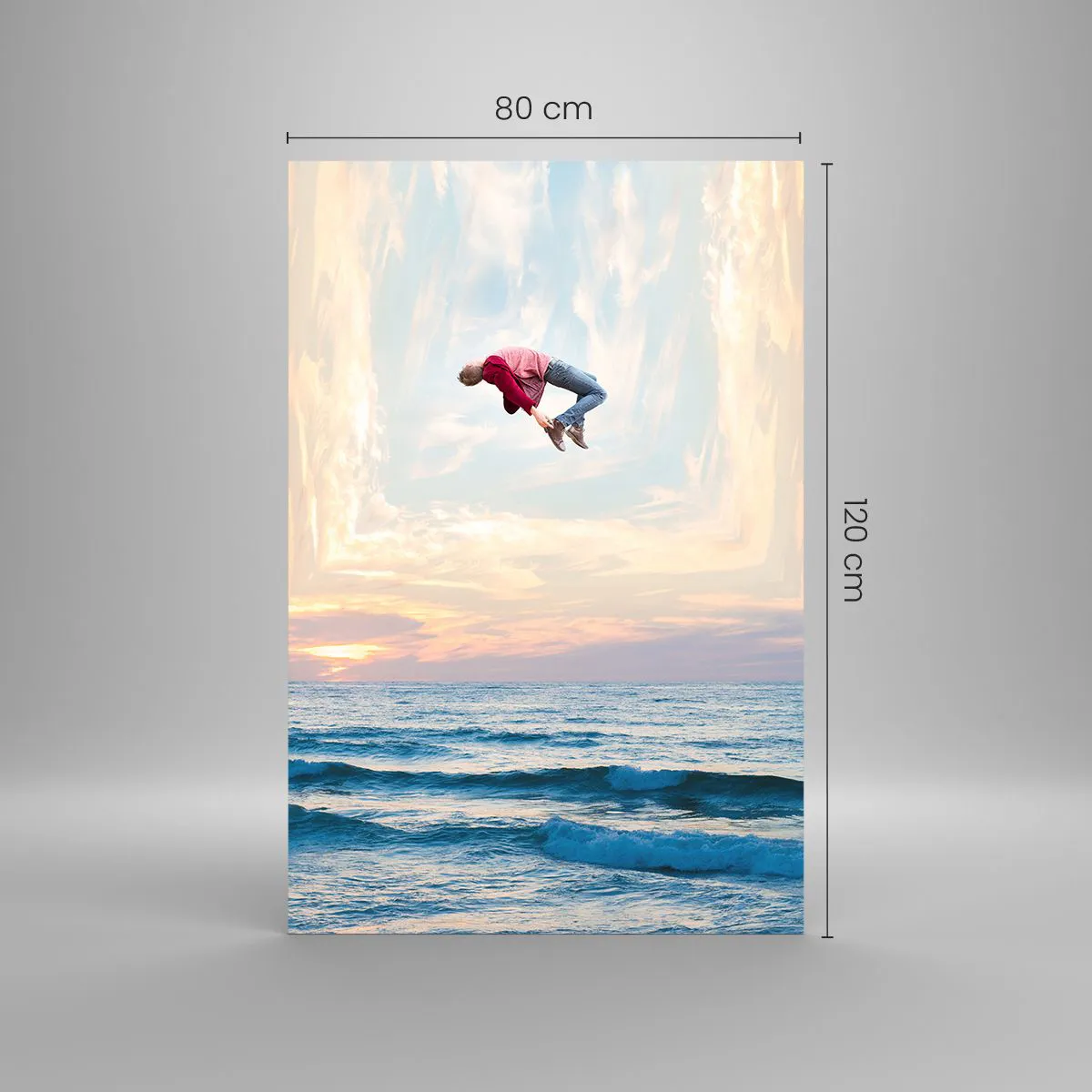 Impression sur verre - Image sur verre - Saut surréaliste au-dessus de la mer dans le cadre - 80x120cm - Vers une autre dimension - Décoration murale moderne pour le salon et la chambre ARTTOR