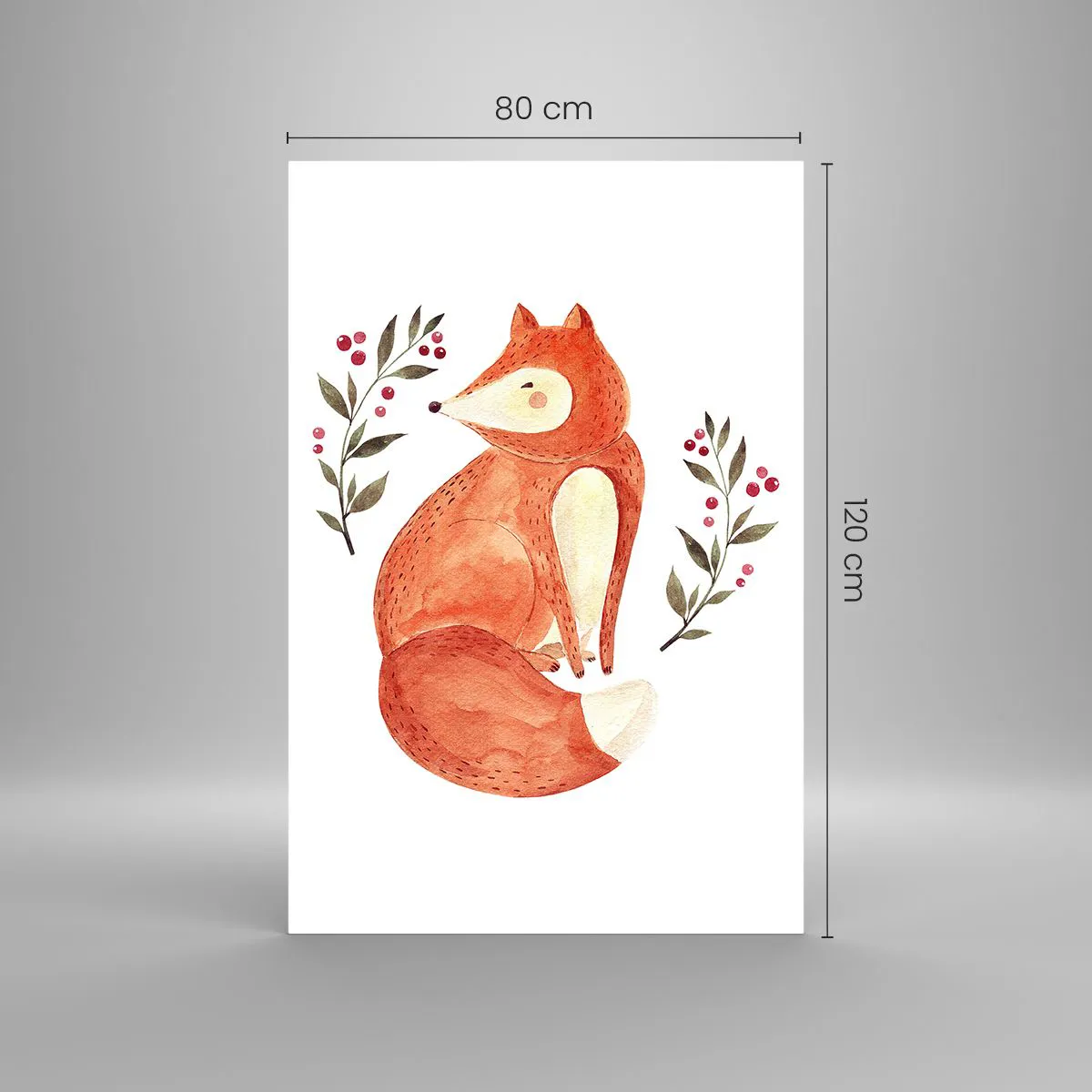 Cuadro sobre vidrio - Impresiones sobre Vidrio - Un zorro de acuarela rodeado de ramitas con bayas. - 80x120cm - Pequeño pelirrojo - Decoración de pared moderna para salón y dormitorio ARTTOR