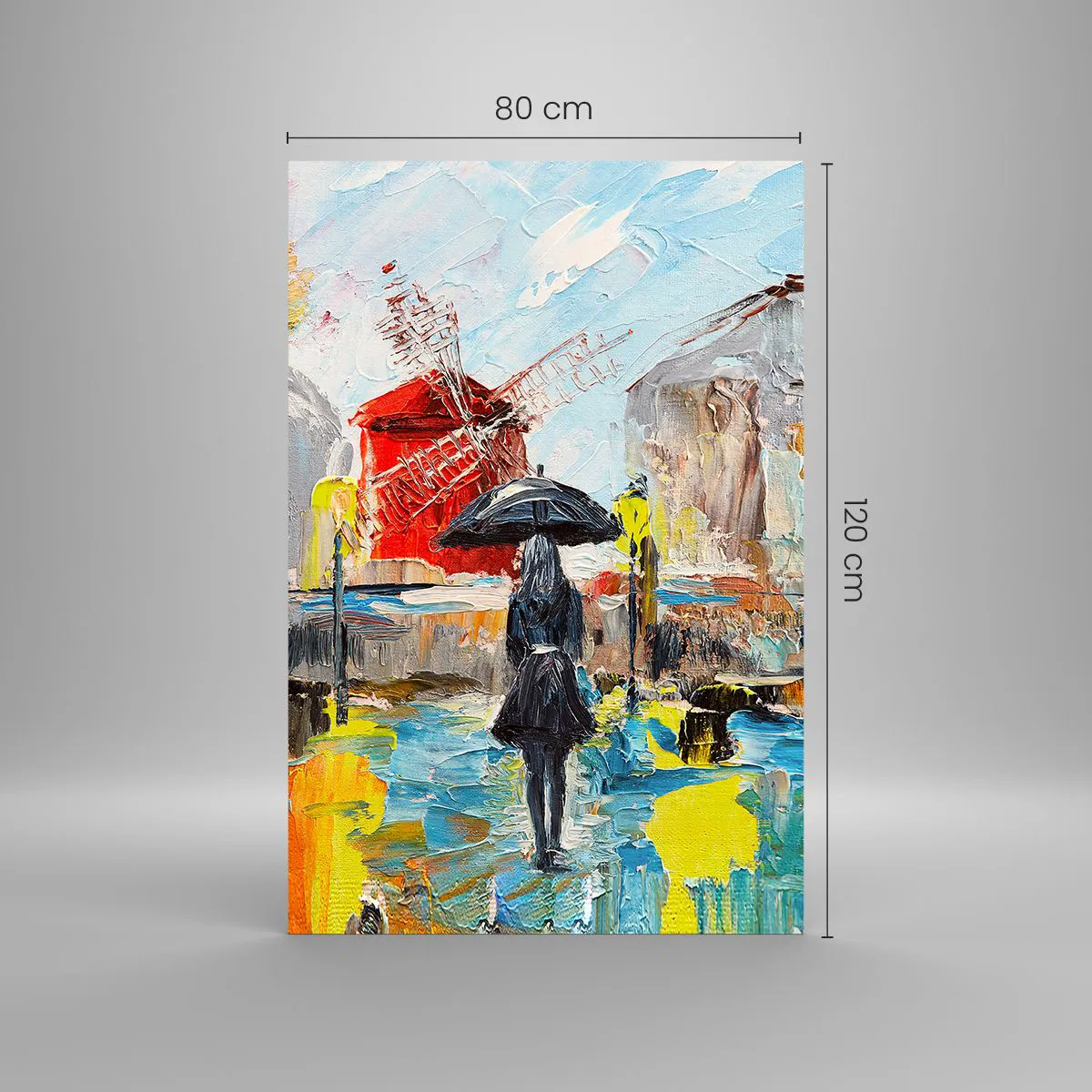 Glasbild - Bild auf glas - Eine malerische Szene mit einem Regenschirm vor der Kulisse von Paris in leuchtenden Farben. - 80x120cm - Pariser Legenden - Moderne Wanddekoration für Wohnzimmer und Schlafzimmer ARTTOR