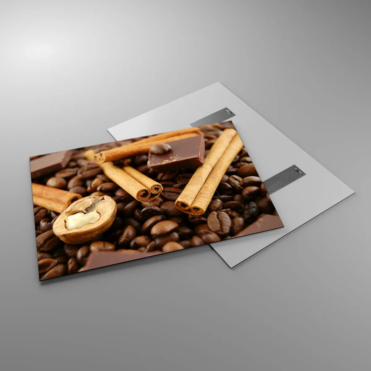 Impression sur verre - Image sur verre - Gros plan sur le café, la cannelle, le chocolat et les noix - 100x70cm - Concert d'aromates - Décoration murale moderne pour le salon et la chambre ARTTOR