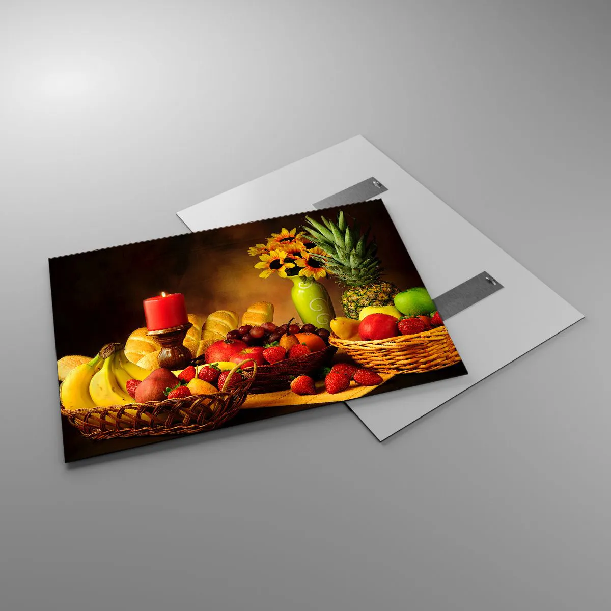 Obraz na szkle - Kompozycja owoców, pieczywa i świecy w rustykalnym stylu - 100x70cm - Martwa natura z pieczywem i owocami - Nowoczesna dekoracja ścienna do salonu, kuchni i sypialni ARTTOR