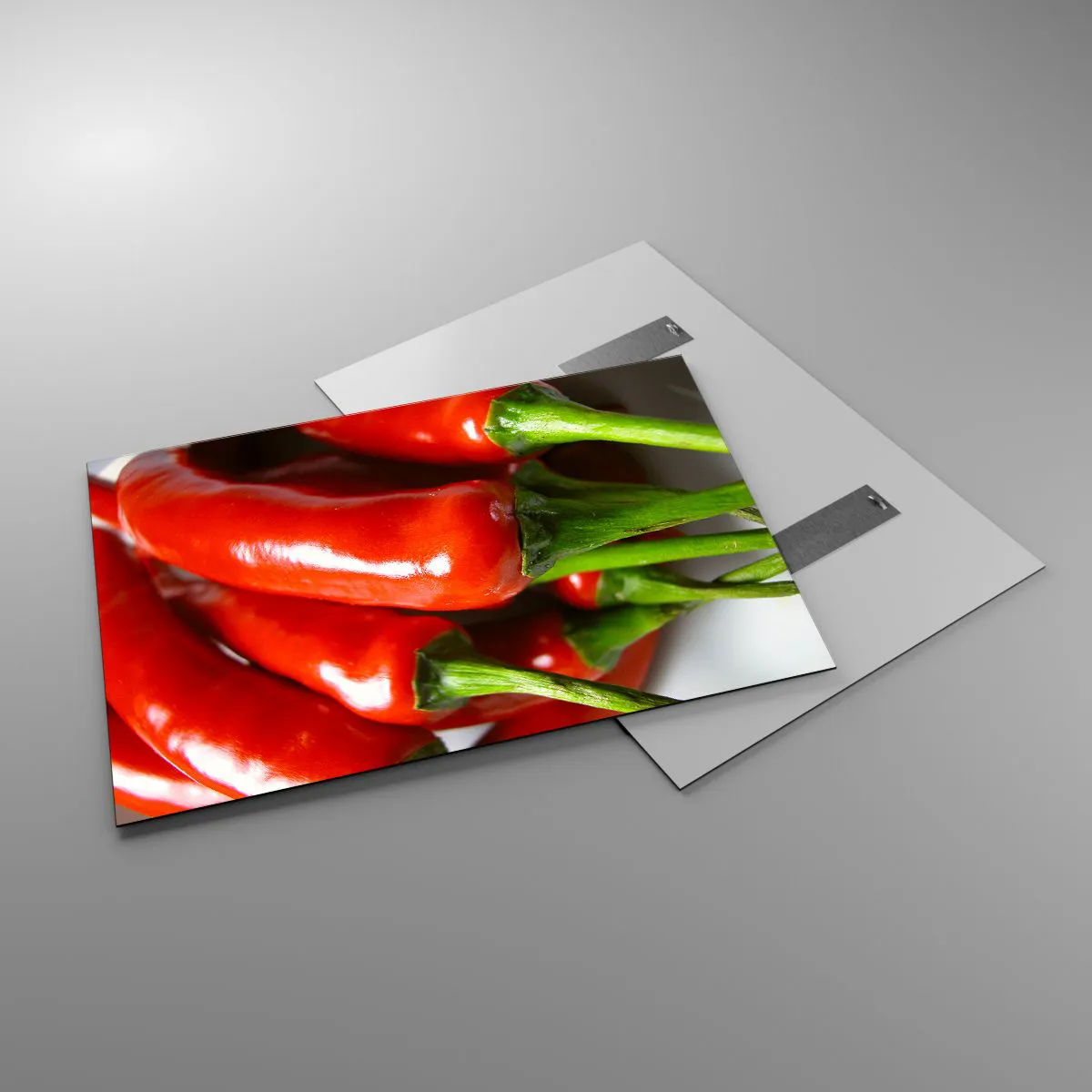 Quadro su vetro - Peperoncini rossi con gambi verdi - 100x70cm - Succosi, lisci e lucenti - Decorazione murale moderna per soggiorno e camera da letto ARTTOR