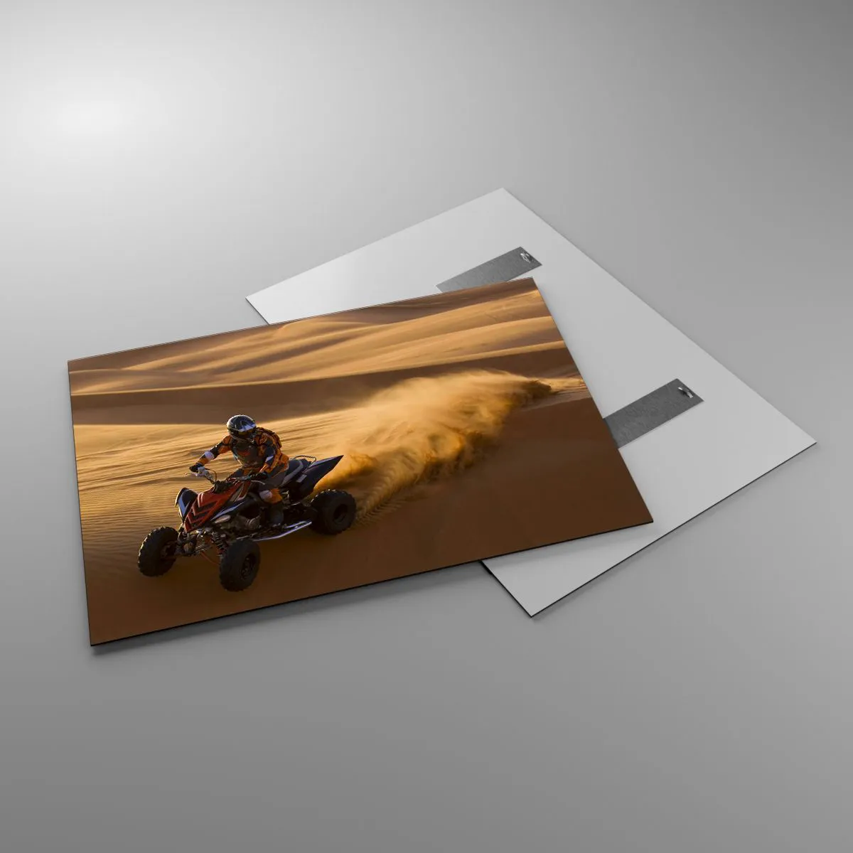 Obraz na szkle - Quad w akcji na pustyni o zachodzie słońca - 100x70cm - Na falach piasku - Nowoczesna dekoracja ścienna do salonu, kuchni i sypialni ARTTOR