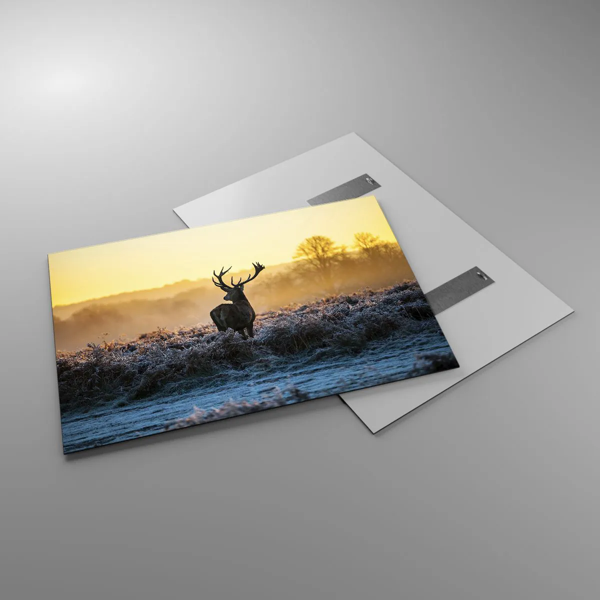 Glasbild - Bild auf glas - Hirsch an einem frostigen Morgen mit dem Sonnenaufgang im Hintergrund - 100x70cm - Gekrönt auf seinem Besitz - Moderne Wanddekoration für Wohnzimmer und Schlafzimmer ARTTOR