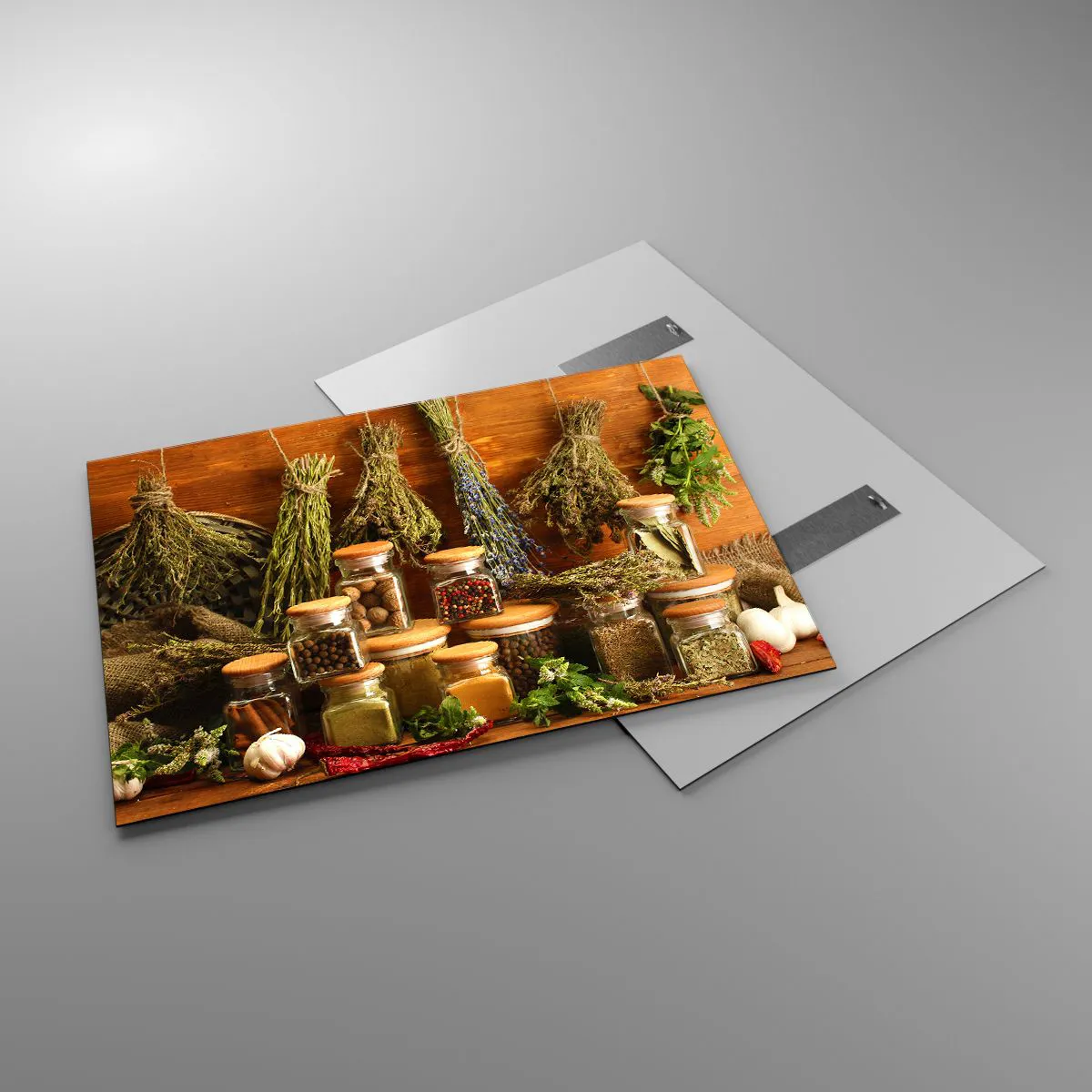 Quadro su vetro - Erbe e spezie in barattoli su fondo in legno - 100x70cm - Magie di cucina - Decorazione murale moderna per soggiorno e camera da letto ARTTOR