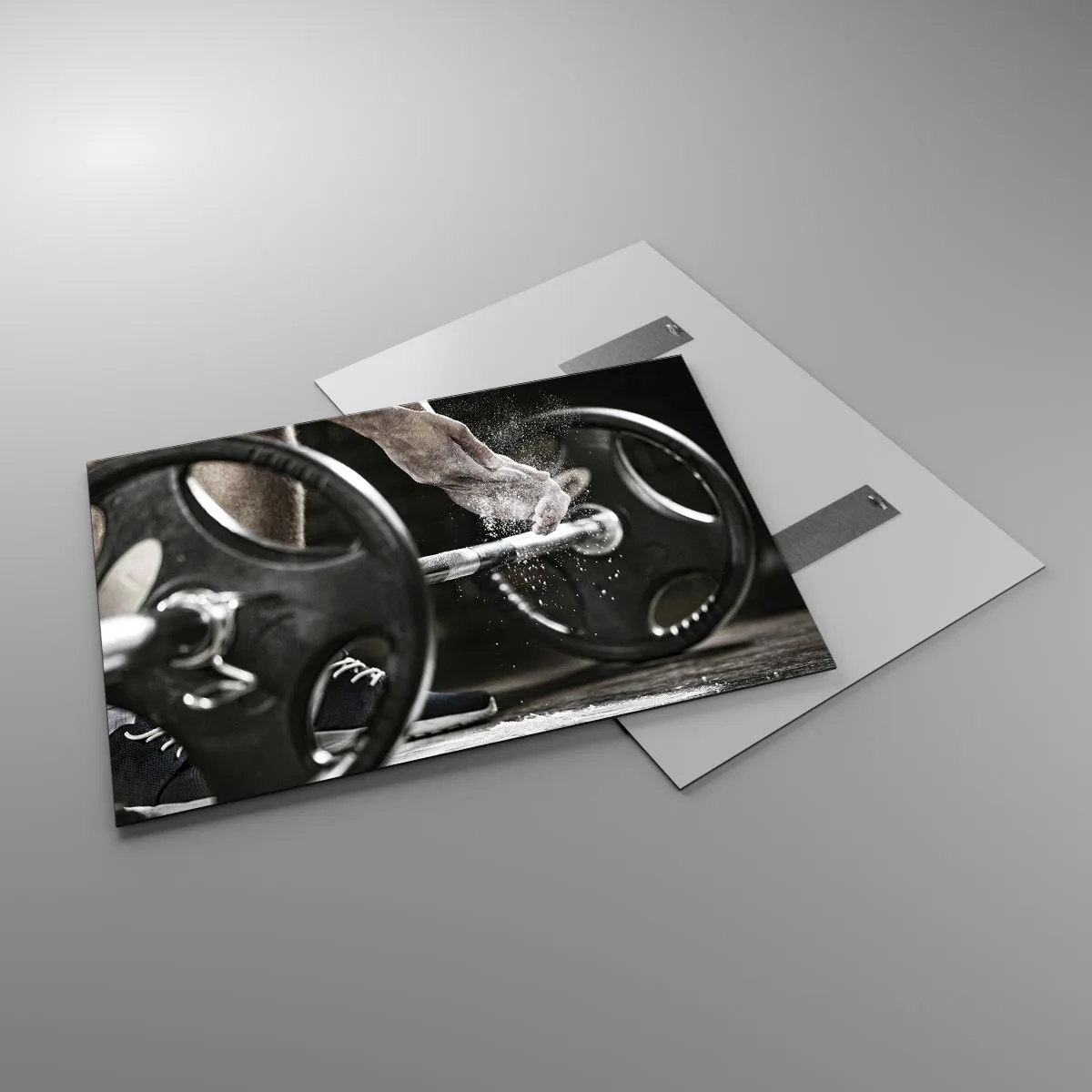 Cuadro sobre vidrio - Impresiones sobre Vidrio - Levantamiento de pesas con tiza en las manos y una barra - 100x70cm - ¡Reto aceptado! - Decoración de pared moderna para salón y dormitorio ARTTOR