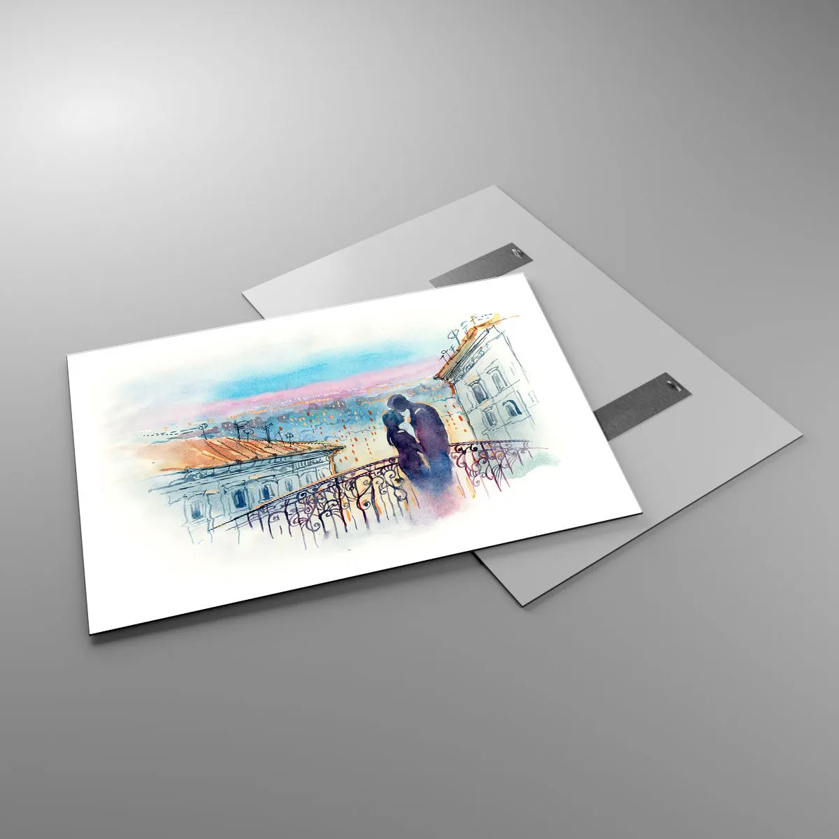 Quadro su vetro - Coppia sul balcone che si gode un romantico tramonto - 100x70cm - Amanti parigini - Decorazione murale moderna per soggiorno e camera da letto ARTTOR