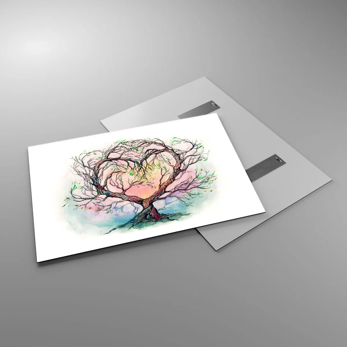 Impression sur verre - Image sur verre - Un arbre en forme de cœur avec un fond coloré et pastel - 100x70cm - Ensemble contre les tempêtes - Décoration murale moderne pour le salon et la chambre ARTTOR