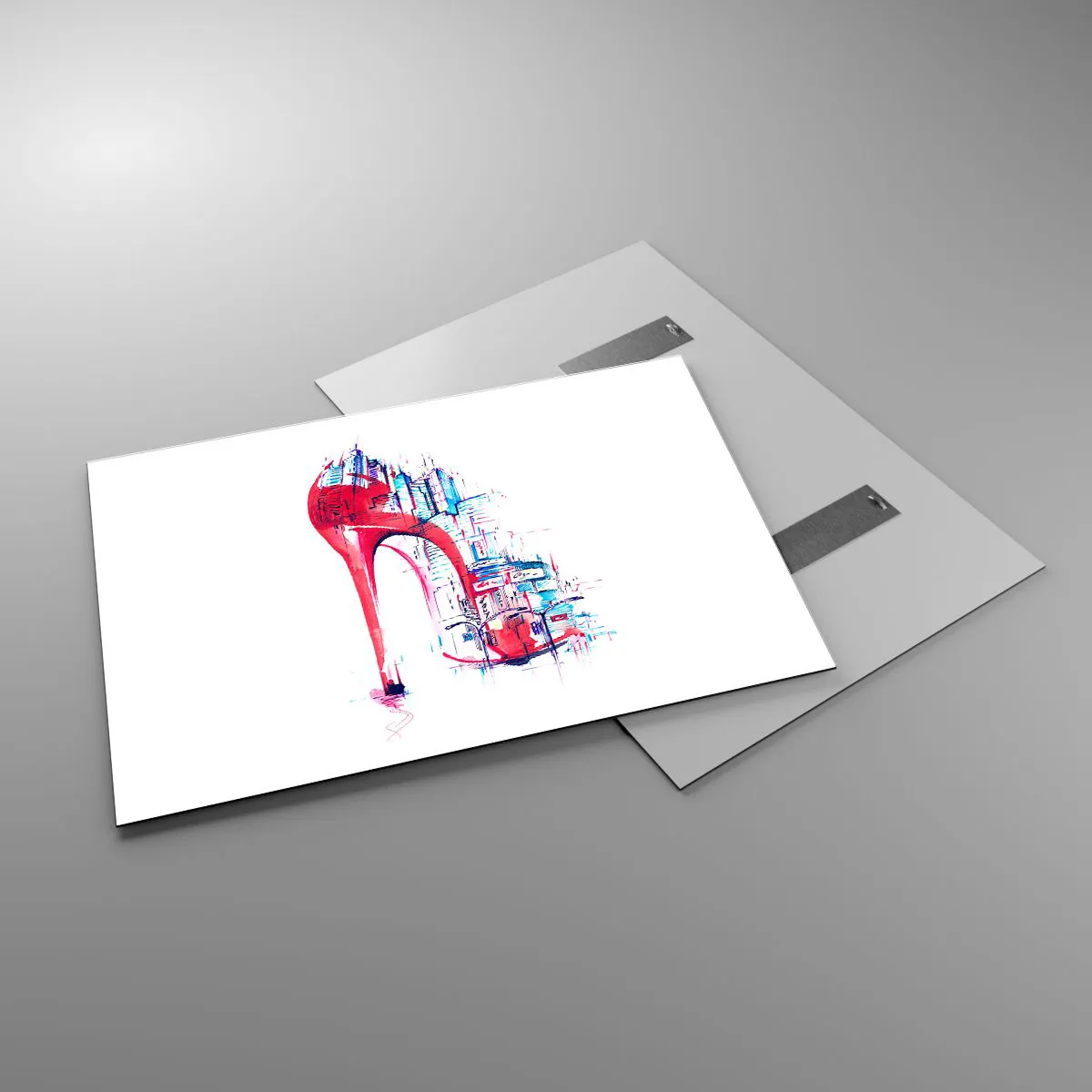 Impression sur verre - Image sur verre - Stiletto rouge avec un motif d'architecture urbaine - 100x70cm - L'élégance des grandes villes - Décoration murale moderne pour le salon et la chambre ARTTOR