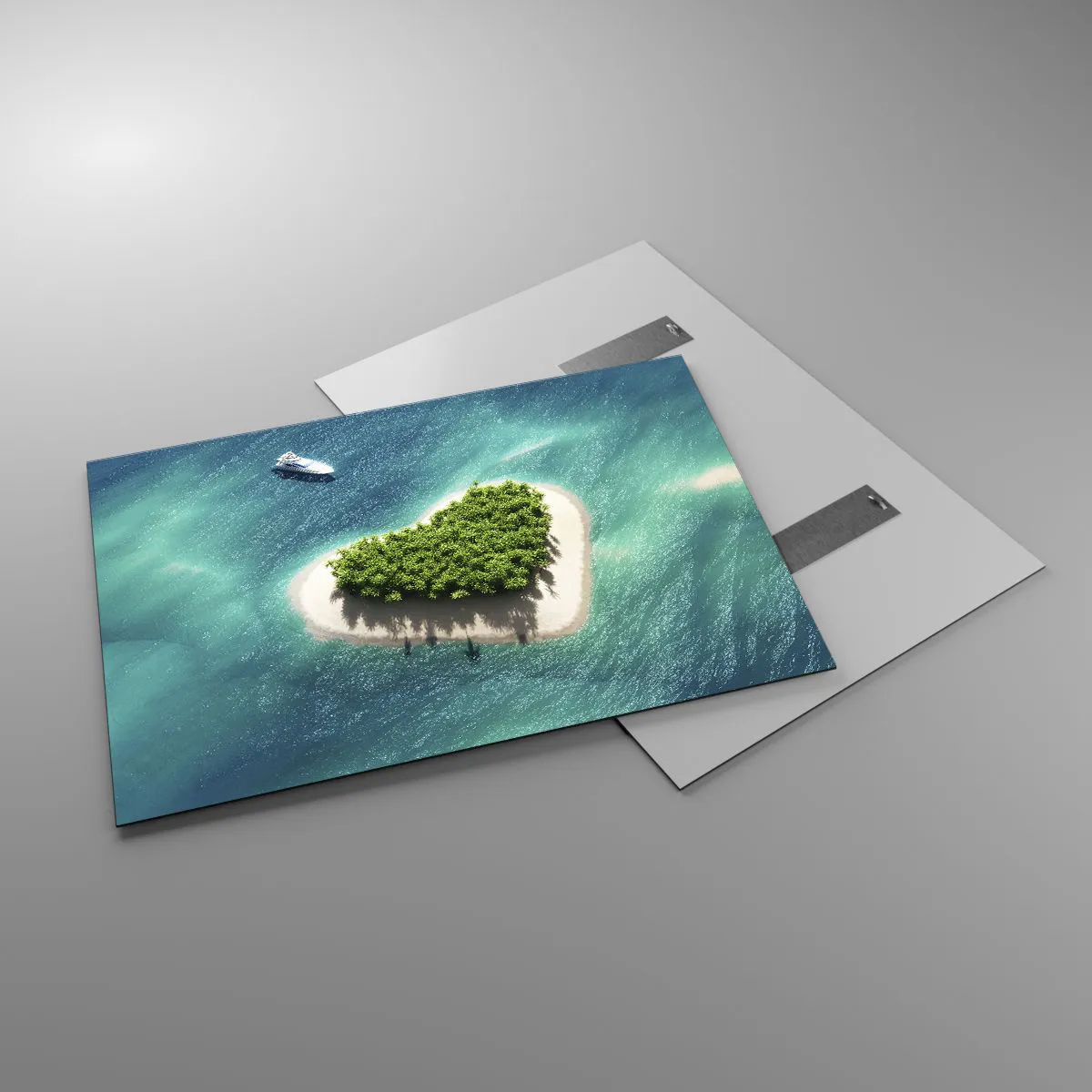 Cuadro sobre vidrio - Impresiones sobre Vidrio - Ilustración de una isla en forma de corazón con un barco contra un mar turquesa - 100x70cm - Me encanta el verano - Decoración de pared moderna para salón y dormitorio ARTTOR
