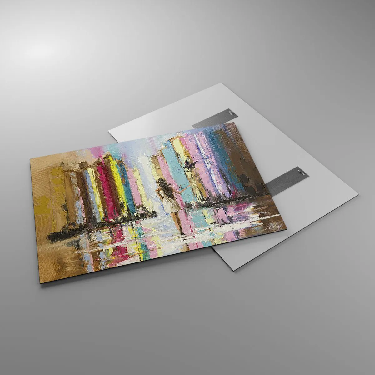 Impression sur verre - Image sur verre - Une femme avec un oiseau en arrière-plan de bâtiments colorés - 100x70cm - Viens avec moi - Décoration murale moderne pour le salon et la chambre ARTTOR