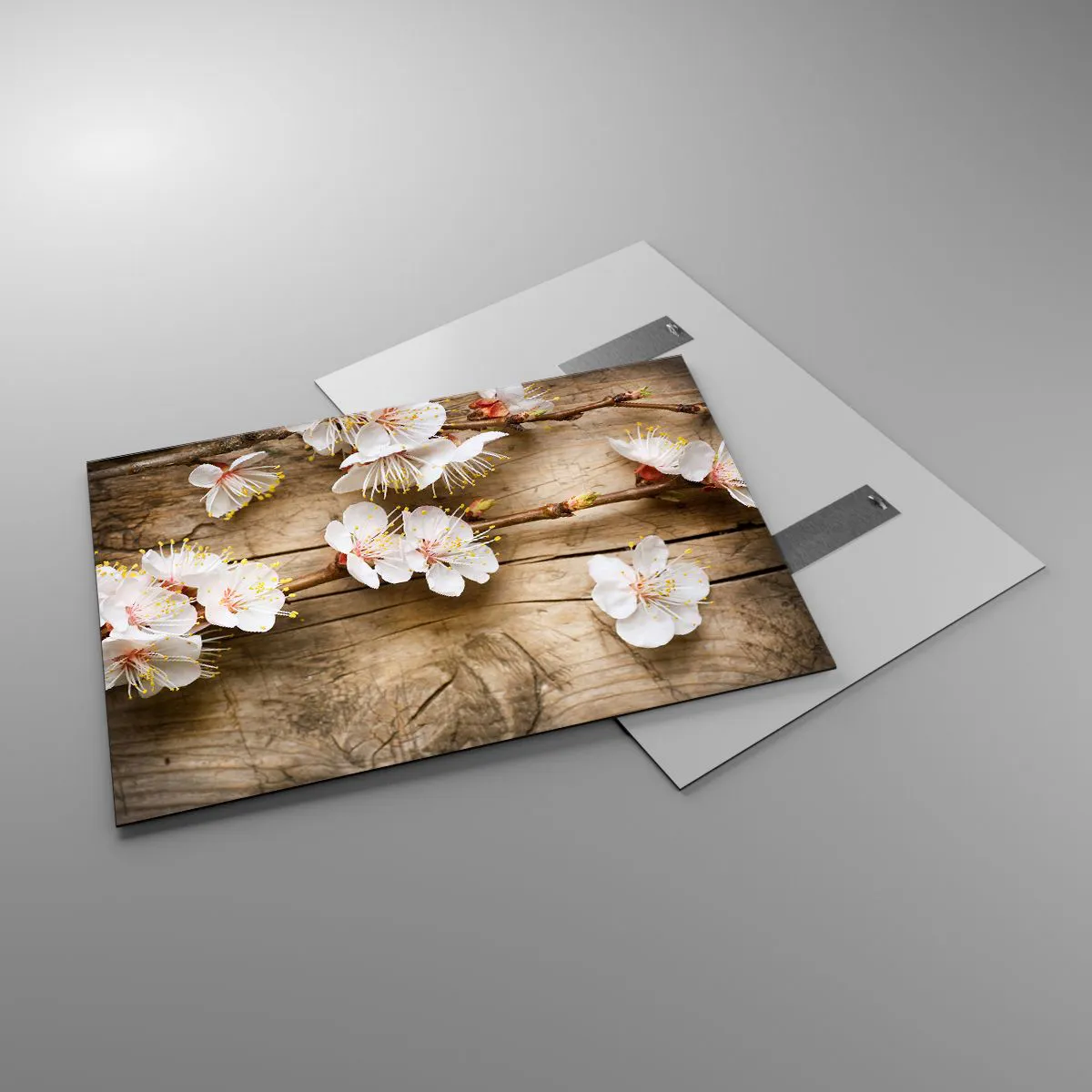 Quadro su vetro - Rami di ciliegi in fiore su uno sfondo di legno - 100x70cm - Ed è giunta la primavera - Decorazione murale moderna per soggiorno e camera da letto ARTTOR