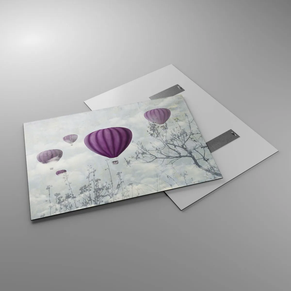 Impression sur verre - Image sur verre - Des ballons violets flottant parmi les nuages et les branches des arbres - 100x70cm - Comme des navires dans le ciel - Décoration murale moderne pour le salon et la chambre ARTTOR