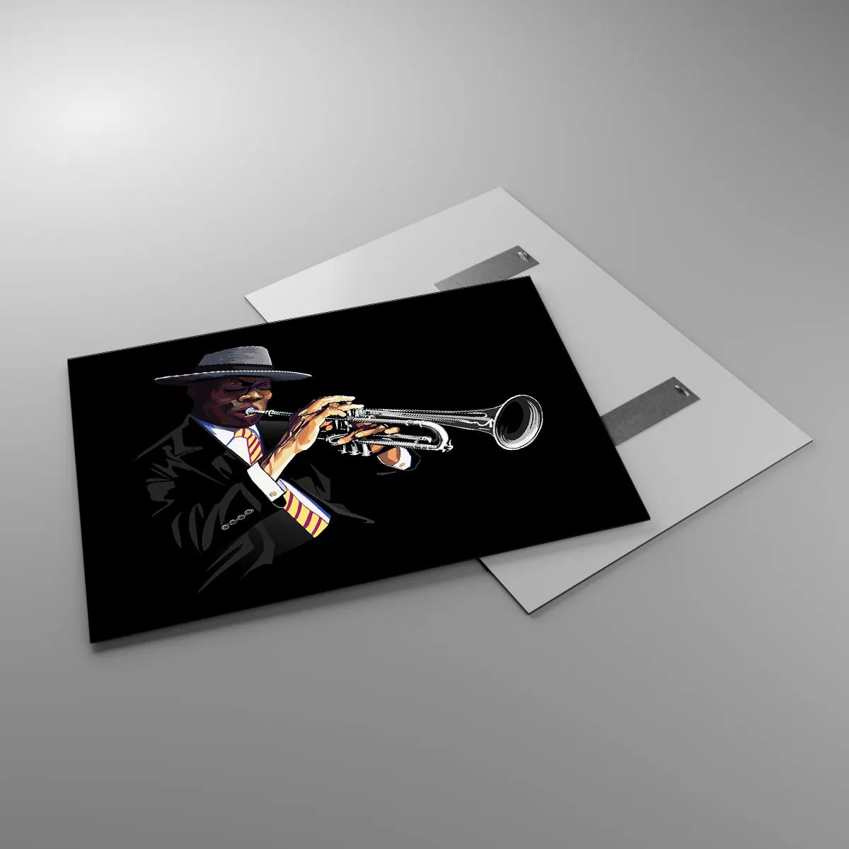 Impression sur verre - Image sur verre - Un musicien noir avec une trompette et un chapeau sur fond noir - 100x70cm - Le charme de la vieille école - Décoration murale moderne pour le salon et la chambre ARTTOR