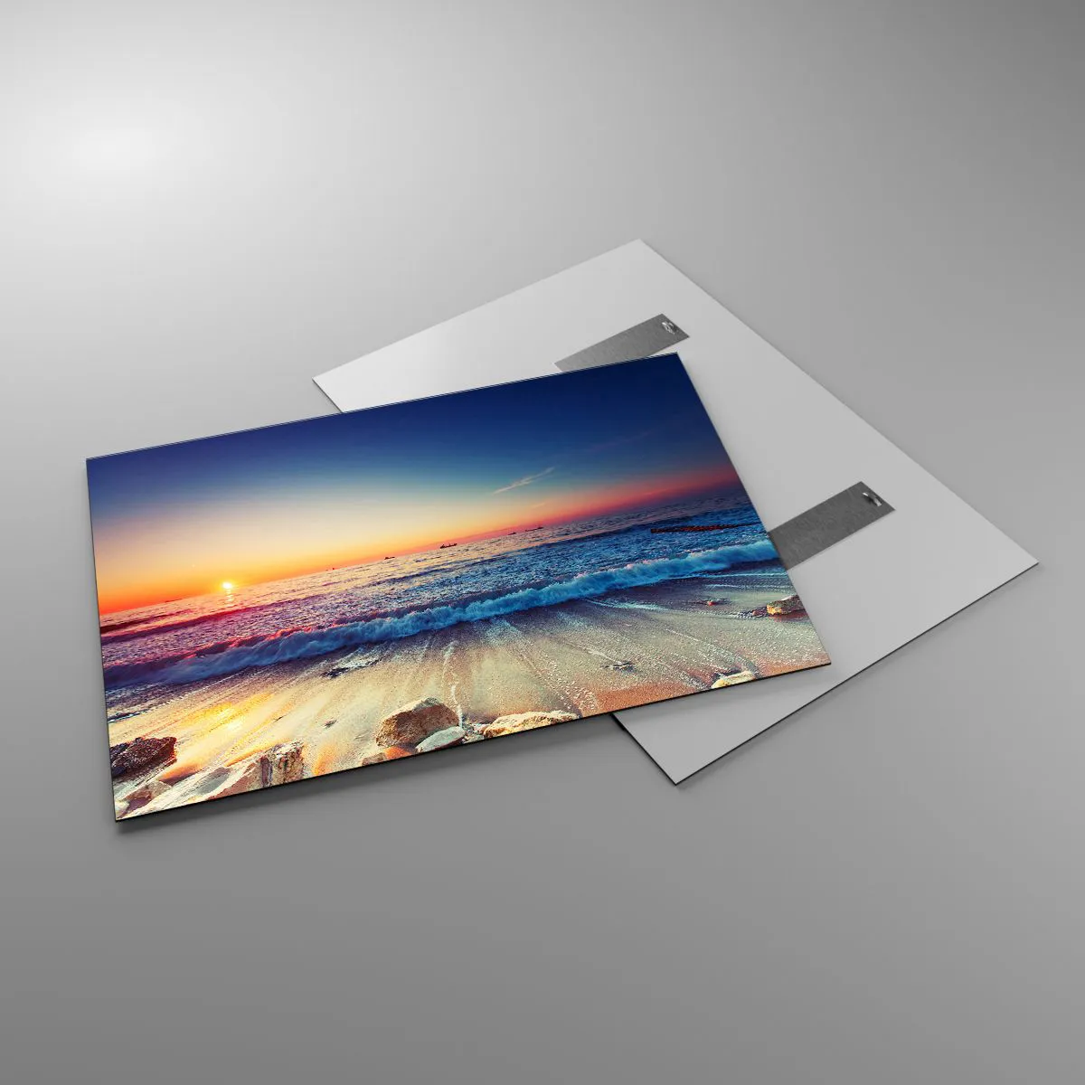 Impression sur verre - Image sur verre - Coucher de soleil sur la plage avec des vagues douces et une mer calme - 100x70cm - Mais quel horizon ? - Décoration murale moderne pour le salon et la chambre ARTTOR