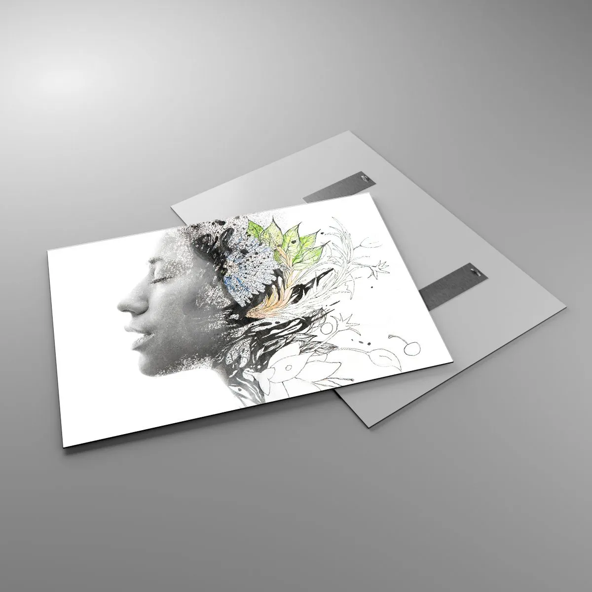 Impression sur verre - Image sur verre - Profil de femme avec des motifs de la nature dans un style monochrome - 100x70cm - Immergé dans la nature - Décoration murale moderne pour le salon et la chambre ARTTOR