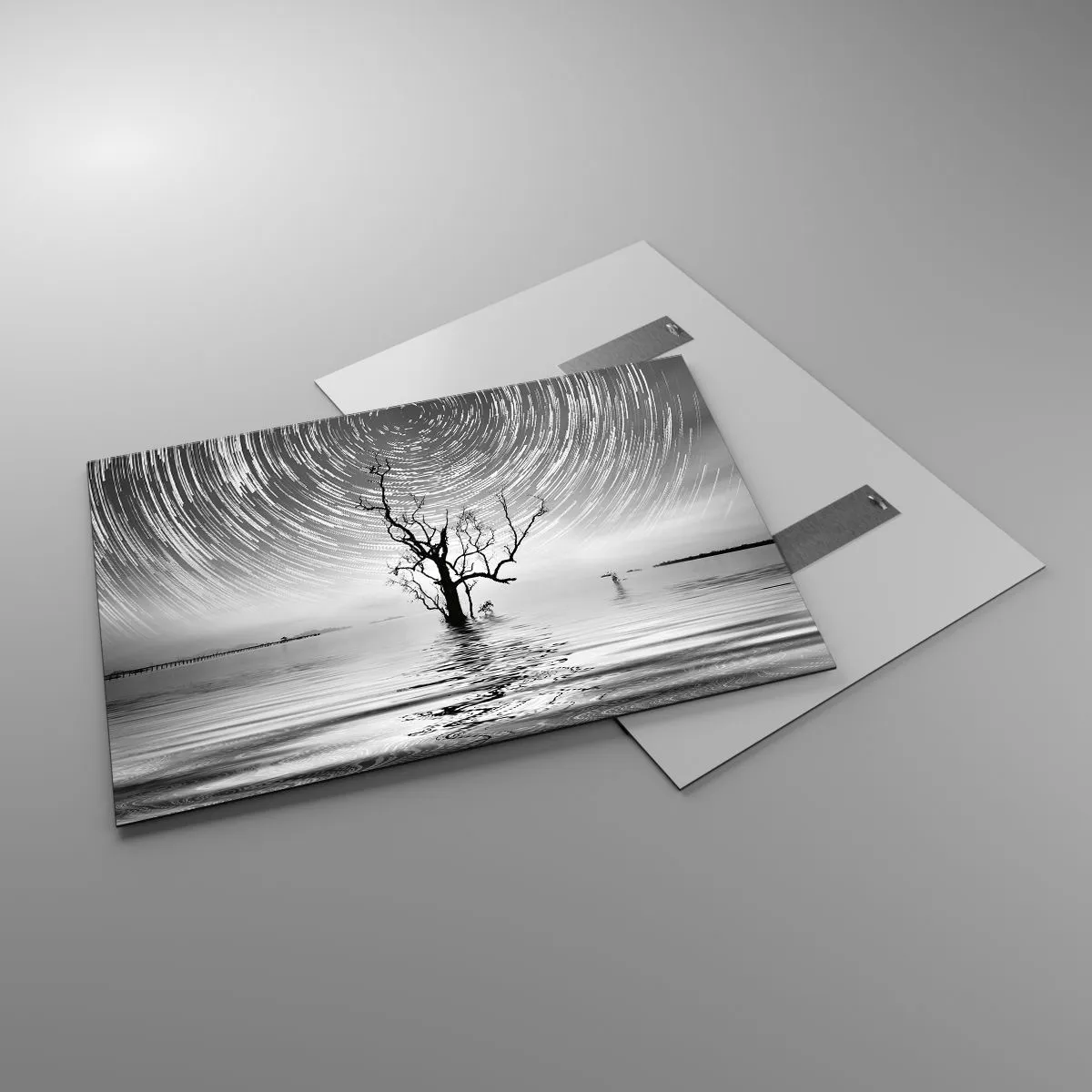 Cuadro sobre vidrio - Impresiones sobre Vidrio - Paisaje en blanco y negro con un árbol y rayas de estrellas. - 100x70cm - Una sinfonía de la naturaleza - Decoración de pared moderna para salón y dormitorio ARTTOR