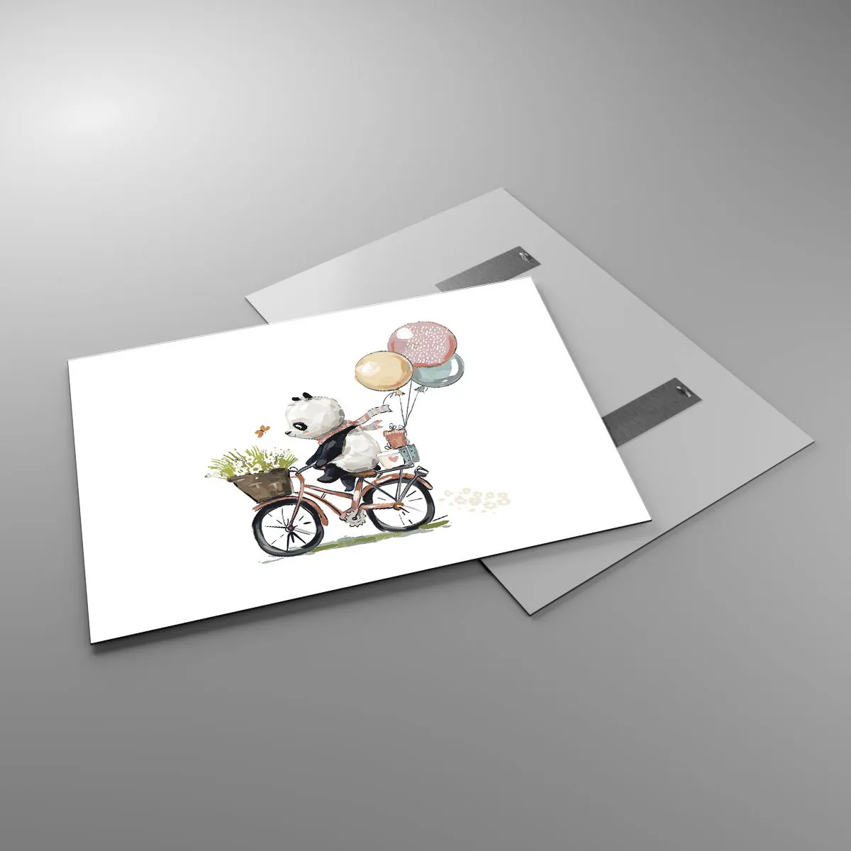 Impression sur verre - Image sur verre - Un panda faisant du vélo avec des ballons et un panier de fleurs. - 100x70cm - Jour de chance - Décoration murale moderne pour le salon et la chambre ARTTOR