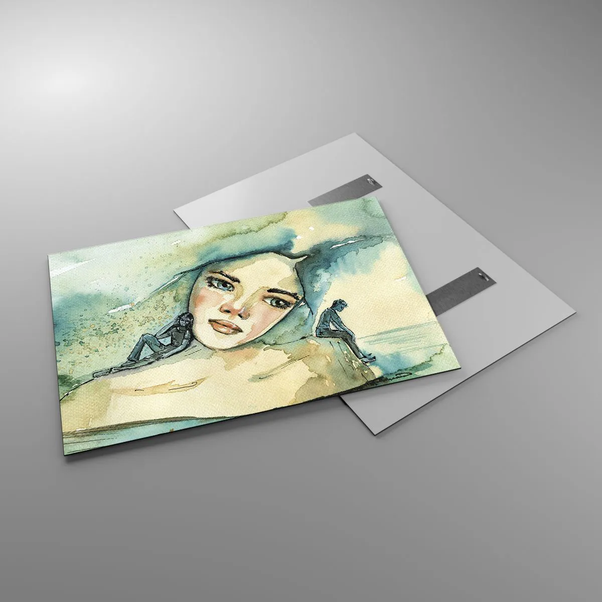 Obraz na szkle - Portret kobiety w akwarelowym stylu z sylwetkami postaci - 100x70cm - Am I blue? - Nowoczesna dekoracja ścienna do salonu, kuchni i sypialni ARTTOR