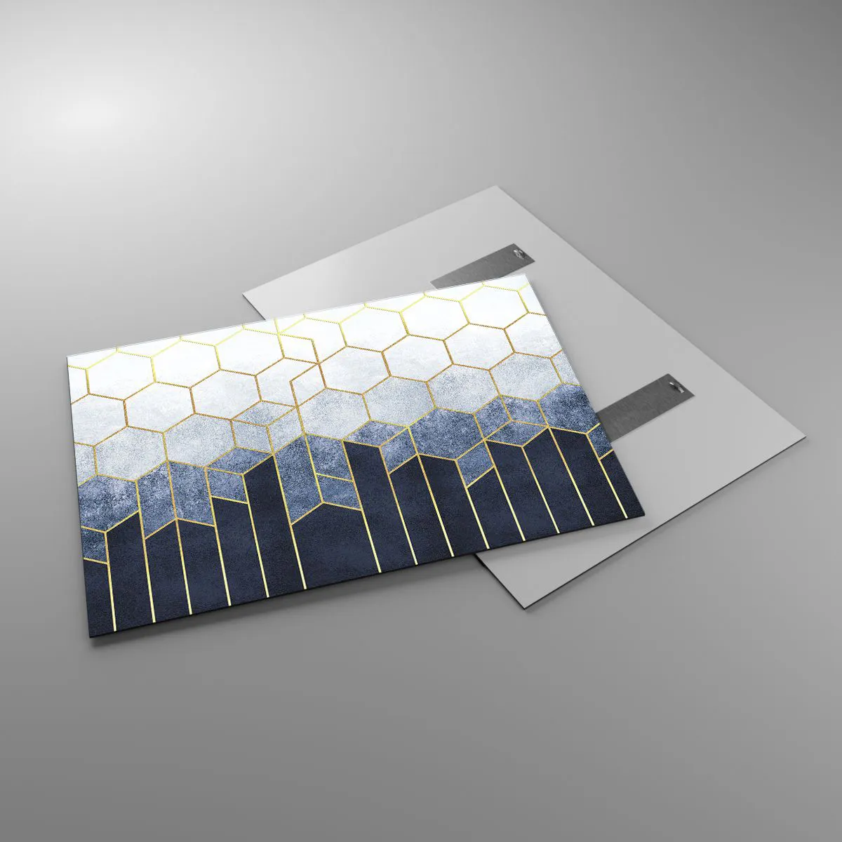 Cuadro sobre vidrio - Impresiones sobre Vidrio - Patrón geométrico en colores dorado y azul marino. - 100x70cm - Composición rítmica visual - Decoración de pared moderna para salón y dormitorio ARTTOR