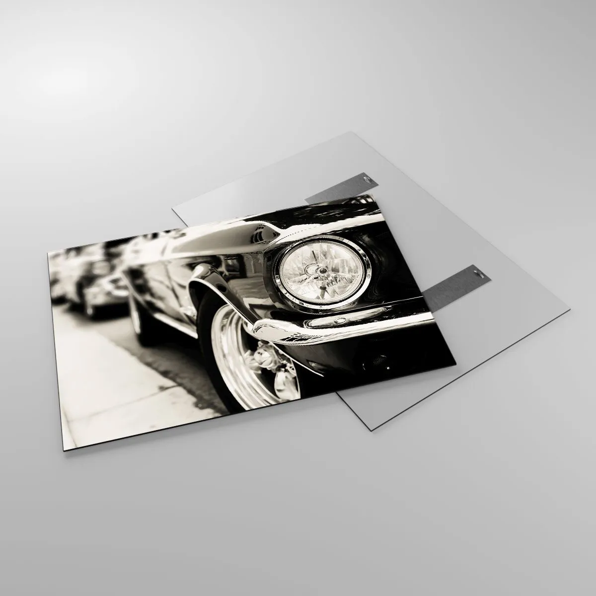 Quadro su vetro - Primo piano della parte anteriore di un'auto d'epoca in seppia - 100x70cm - Bellezza intramontabile - Decorazione murale moderna per soggiorno e camera da letto ARTTOR