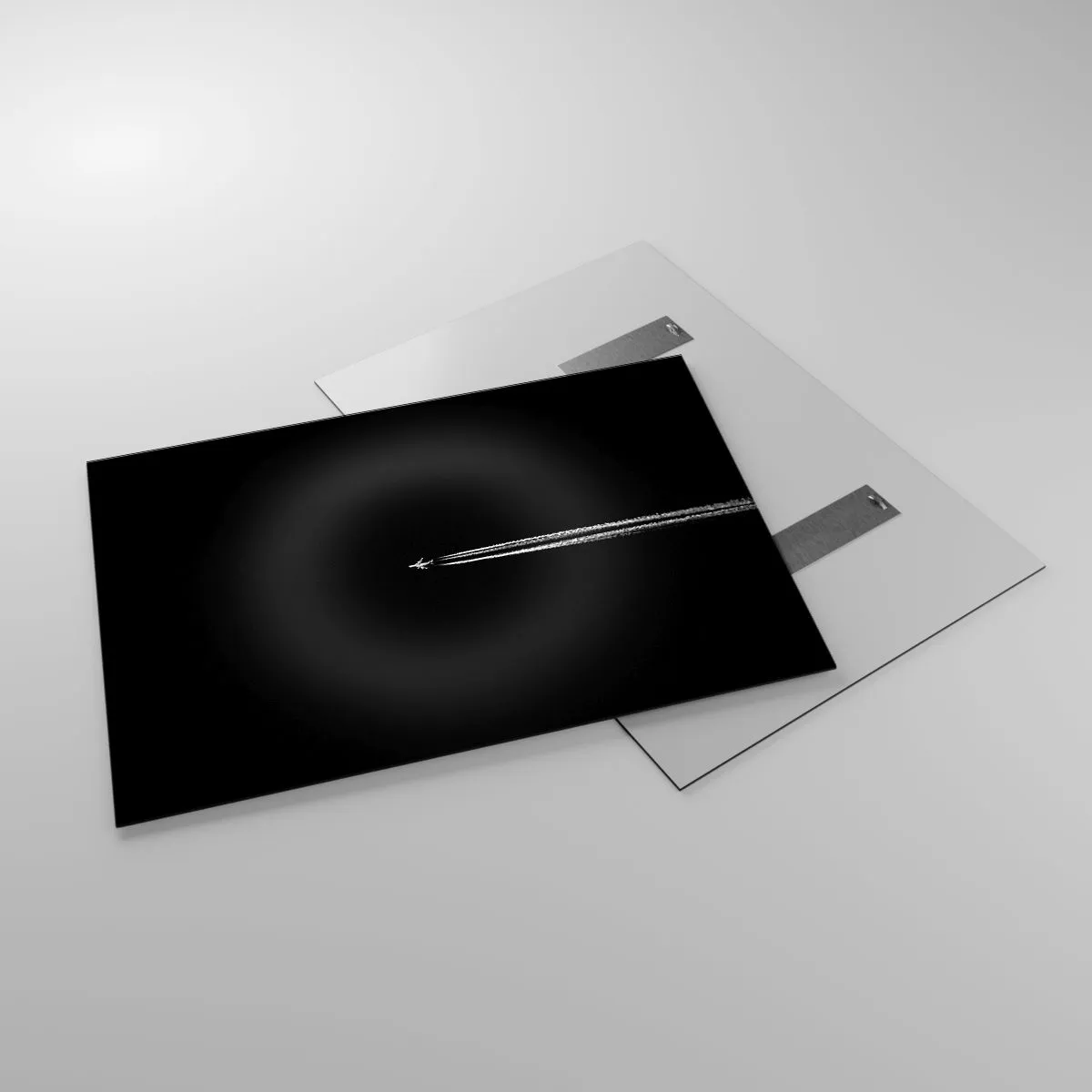 Impression sur verre - Image sur verre - Un avion à réaction sur fond noir avec une traînée de condensation - 100x70cm - Dans une autre dimension - Décoration murale moderne pour le salon et la chambre ARTTOR