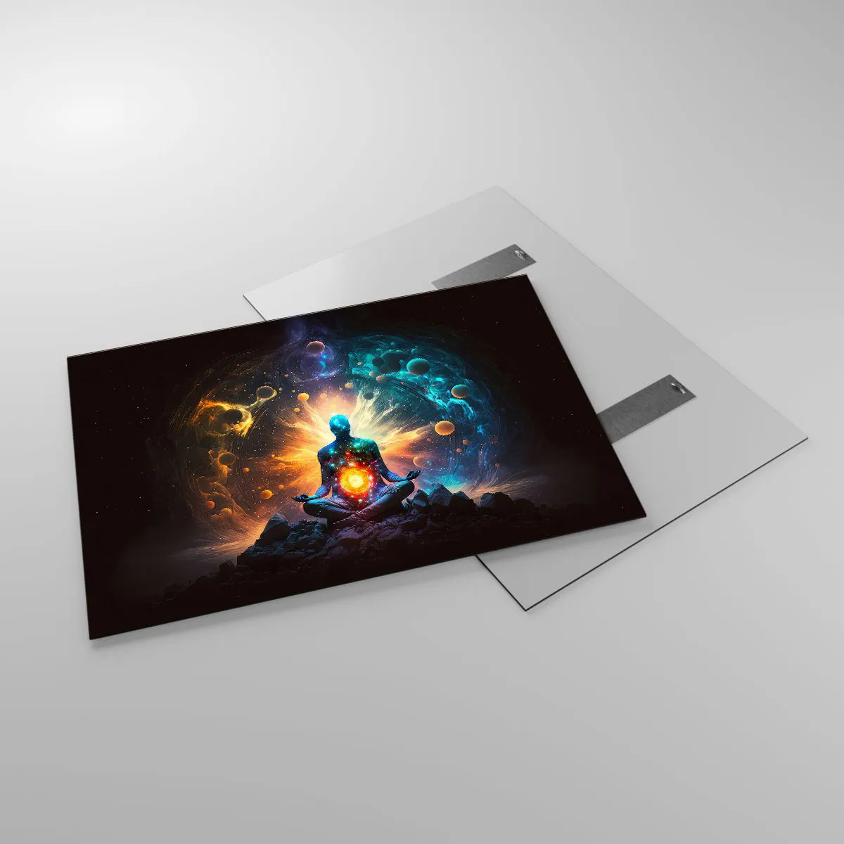 Glasbild - Bild auf glas - Eine meditierende Silhouette in einer kosmischen Farbexplosion - 100x70cm - Kosmischer Frieden - Moderne Wanddekoration für Wohnzimmer und Schlafzimmer ARTTOR