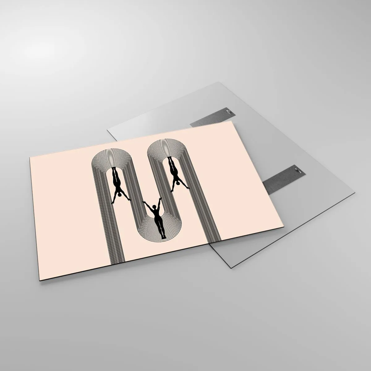 Impression sur verre - Image sur verre - Silhouettes noires de personnages suspendus dans des arcs rythmiques - 100x70cm - Les jambes en l’air - Décoration murale moderne pour le salon et la chambre ARTTOR