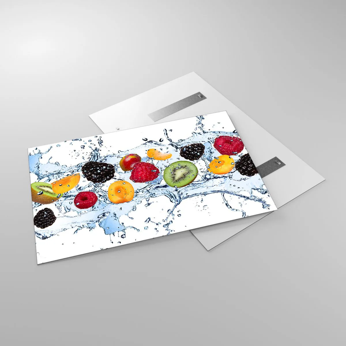 Cuadro sobre vidrio - Impresiones sobre Vidrio - Frutas coloridas en agua sobre un fondo blanco. - 120x80cm - Juega con nosotros - Decoración de pared moderna para salón y dormitorio ARTTOR