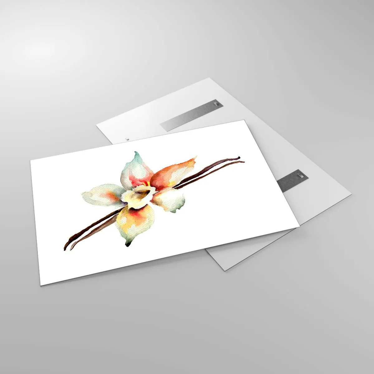 Glasbild - Bild auf glas - Aquarell-Illustration einer Vanilleblüte auf weißem Hintergrund - 120x80cm - Süße mit Farbe verschüttet - Moderne Wanddekoration für Wohnzimmer und Schlafzimmer ARTTOR