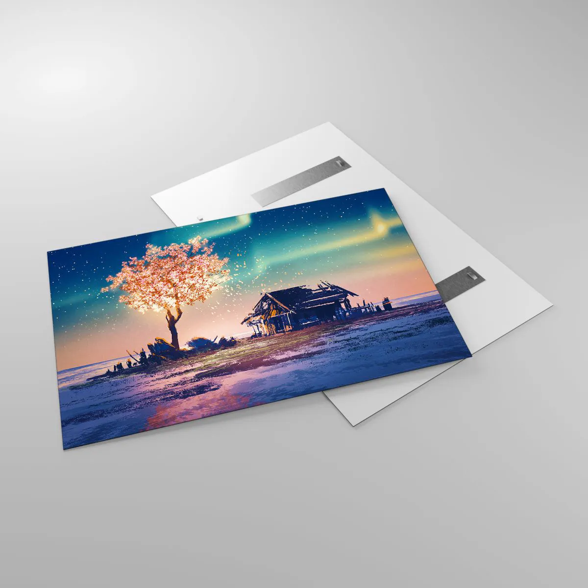 Impression sur verre - Image sur verre - Un paysage magique avec un arbre en fleurs et un chalet - 120x80cm - La nature ne passe pas - Décoration murale moderne pour le salon et la chambre ARTTOR