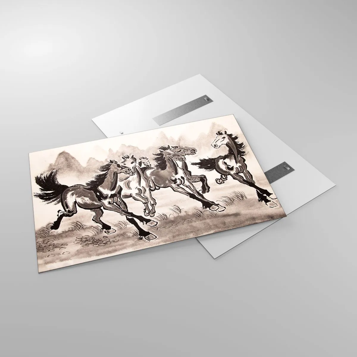 Quadro su vetro - Un gruppo di cavalli al galoppo in stile cinese - 120x80cm - Al galoppo con gioia - Decorazione murale moderna per soggiorno e camera da letto ARTTOR