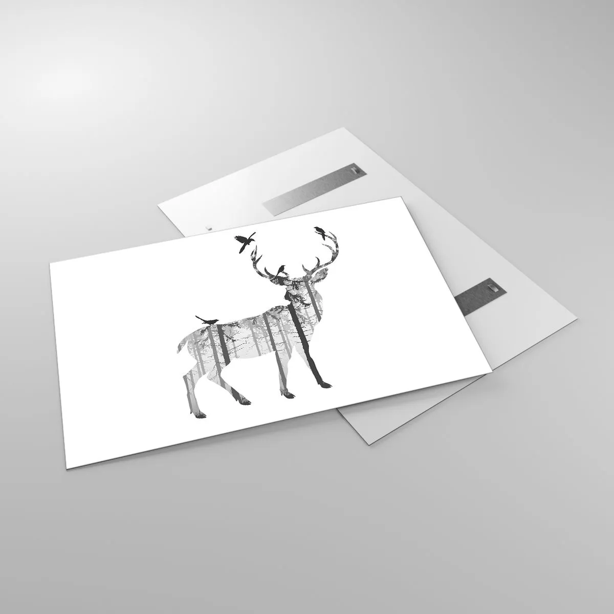 Impression sur verre - Image sur verre - Silhouette graphique d'un cerf avec un motif de forêt et d'oiseaux - 120x80cm - La bonne âme de la forêt - Décoration murale moderne pour le salon et la chambre ARTTOR