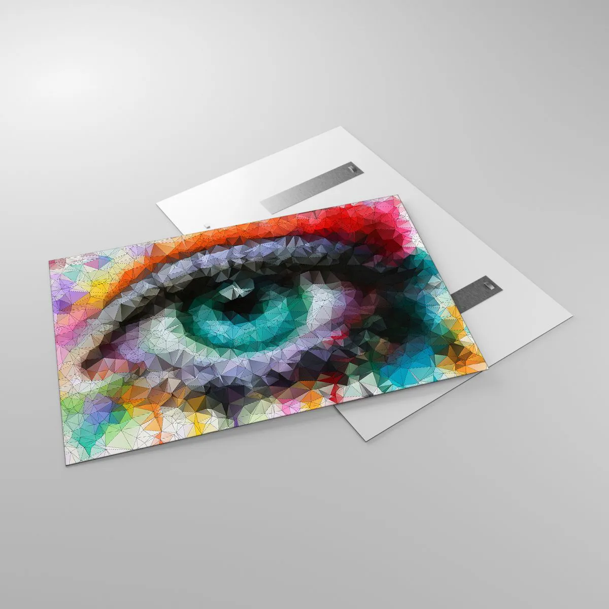 Glasbild - Bild auf glas - Ein geometrisches Auge in leuchtenden Farben mit Kristalleffekt. - 120x80cm - Kristallines Leuchten der Augen - Moderne Wanddekoration für Wohnzimmer und Schlafzimmer ARTTOR