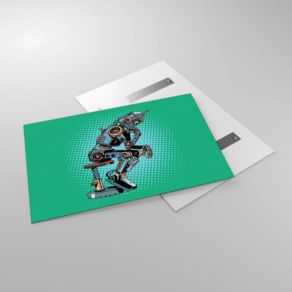 Impression sur verre - Image sur verre - Un robot penseur sur un fond de motif pop art vert. - 120x80cm - Au-dessus de l'essence de l'être - Décoration murale moderne pour le salon et la chambre ARTTOR