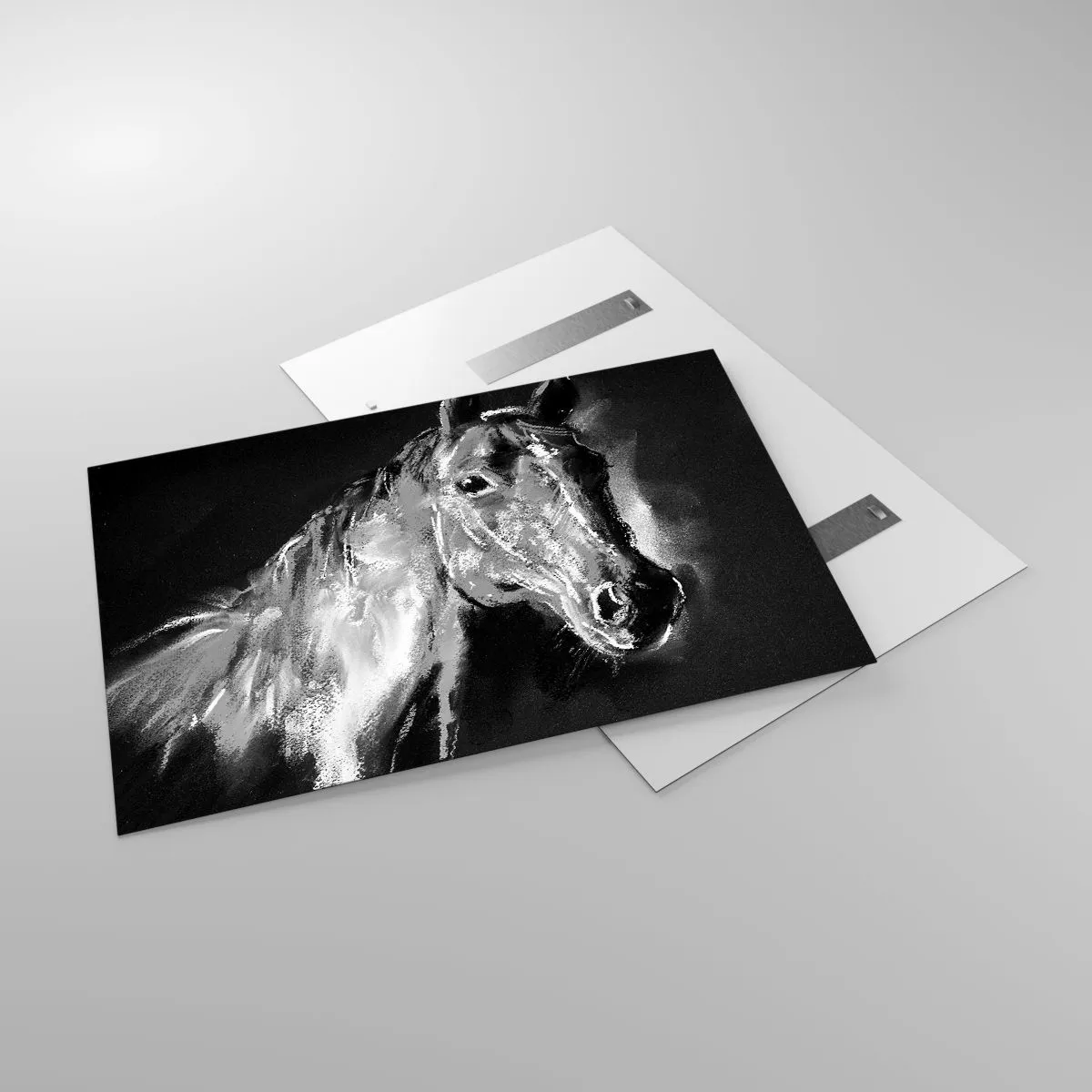 Glasbild - Bild auf glas - Porträt eines Pferdes in Schwarz-Weiß-Tönen auf dunklem Hintergrund - 120x80cm - Das Leuchten einer edlen Seele - Moderne Wanddekoration für Wohnzimmer und Schlafzimmer ARTTOR