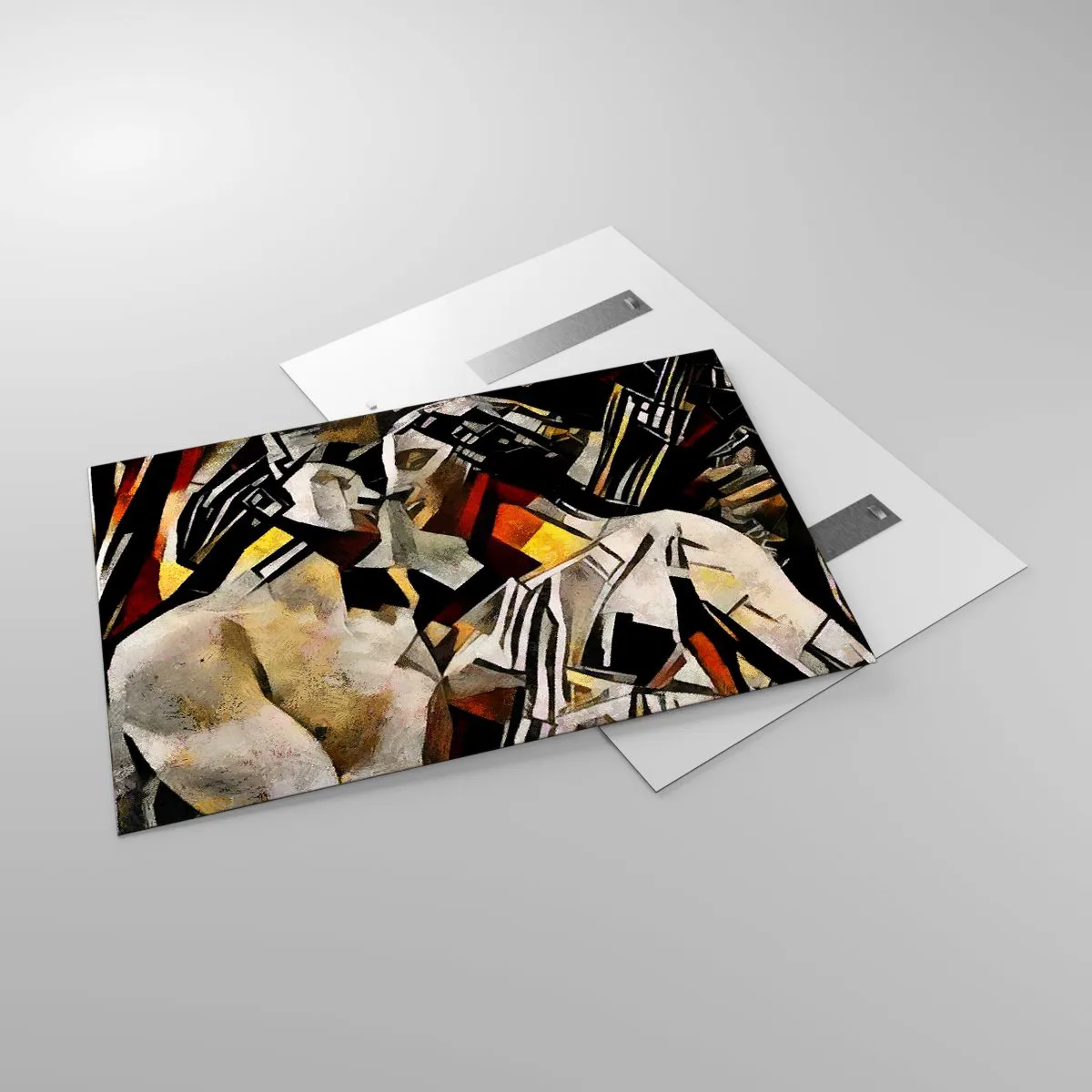 Cuadro sobre vidrio - Impresiones sobre Vidrio - Pareja abstracta en patrones geométricos - 120x80cm - Un beso escultural - Decoración de pared moderna para salón y dormitorio ARTTOR