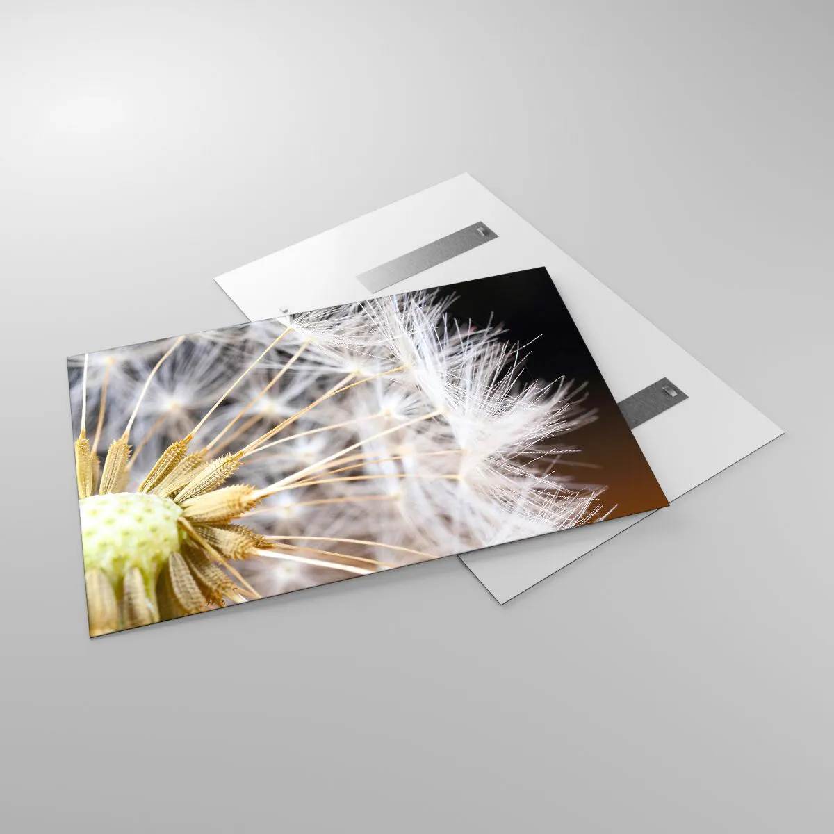 Glasbild - Bild auf glas - Nahaufnahme eines Löwenzahns mit zarten Samen - 120x80cm - Kurz vor dem Abflug - Moderne Wanddekoration für Wohnzimmer und Schlafzimmer ARTTOR