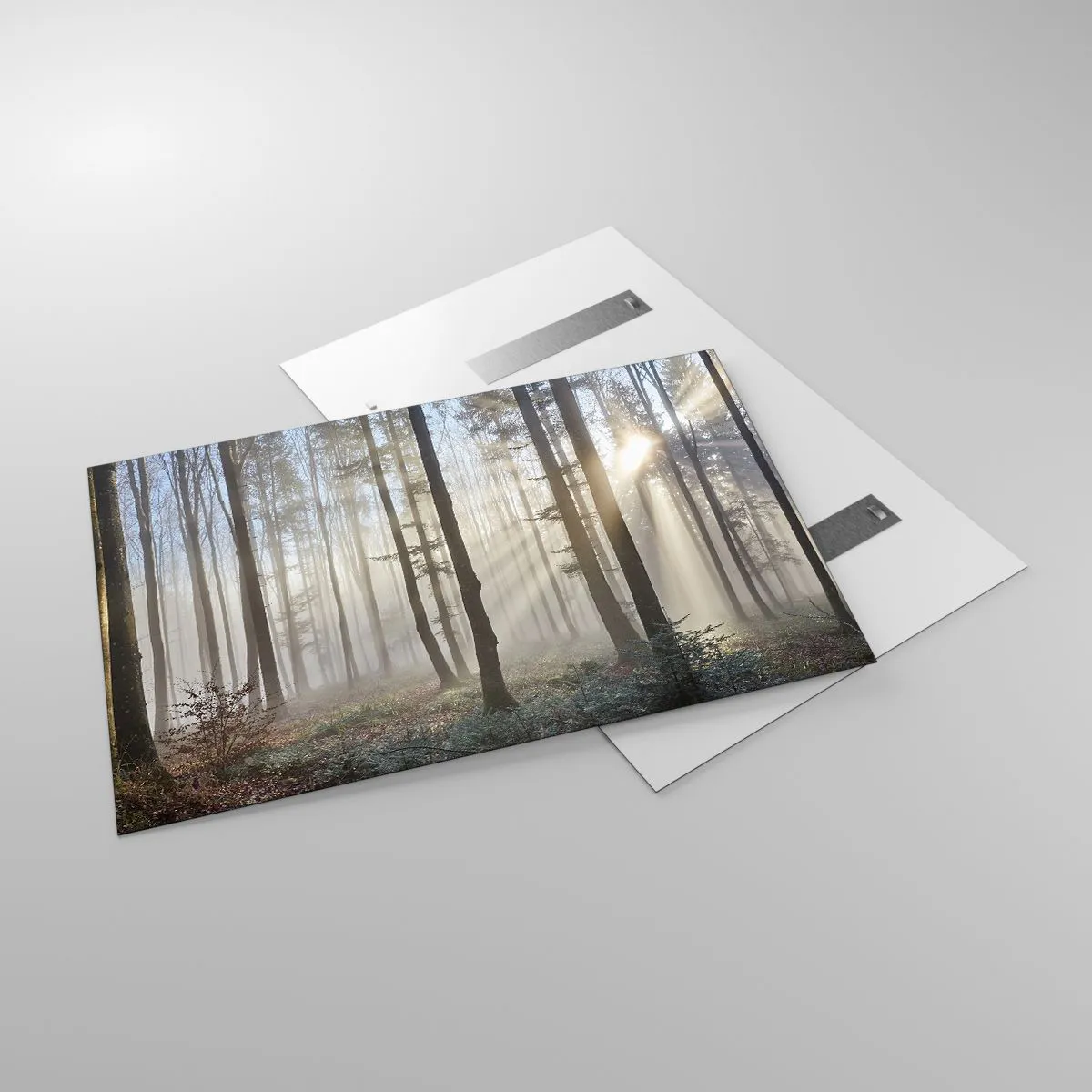 Glasbild - Bild auf glas - Morgensonnenstrahlen durchdringen den nebligen Wald - 120x80cm - Der Nebel ist auch aufgewacht - Moderne Wanddekoration für Wohnzimmer und Schlafzimmer ARTTOR