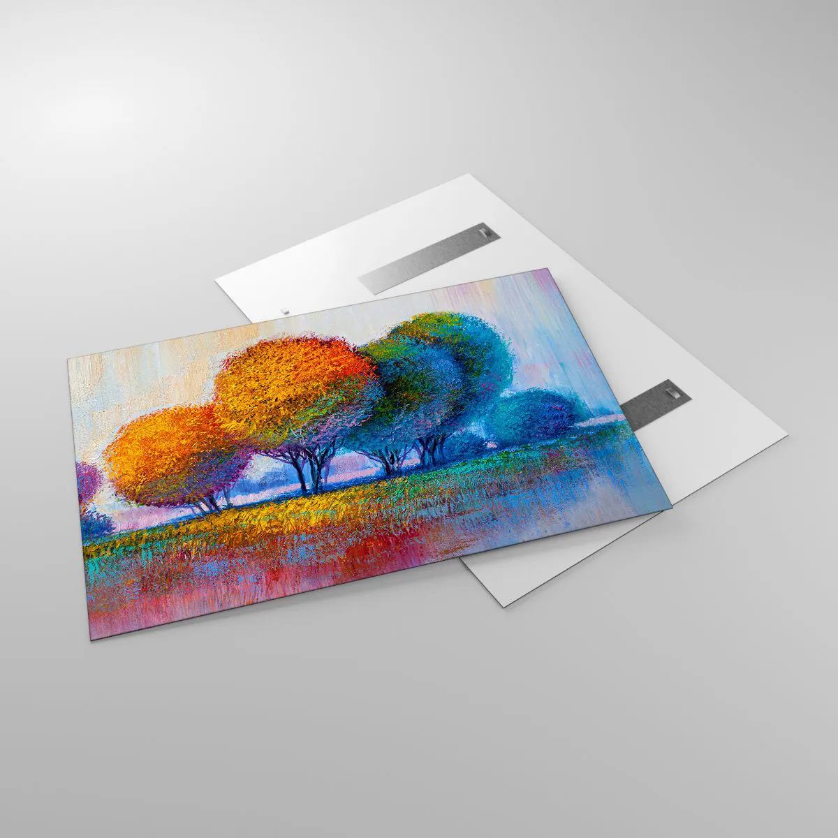 Impression sur verre - Image sur verre - Arbres colorés aux couleurs d'automne contre un ciel bleu - 120x80cm - Un bouquet de couleurs éclatantes - Décoration murale moderne pour le salon et la chambre ARTTOR