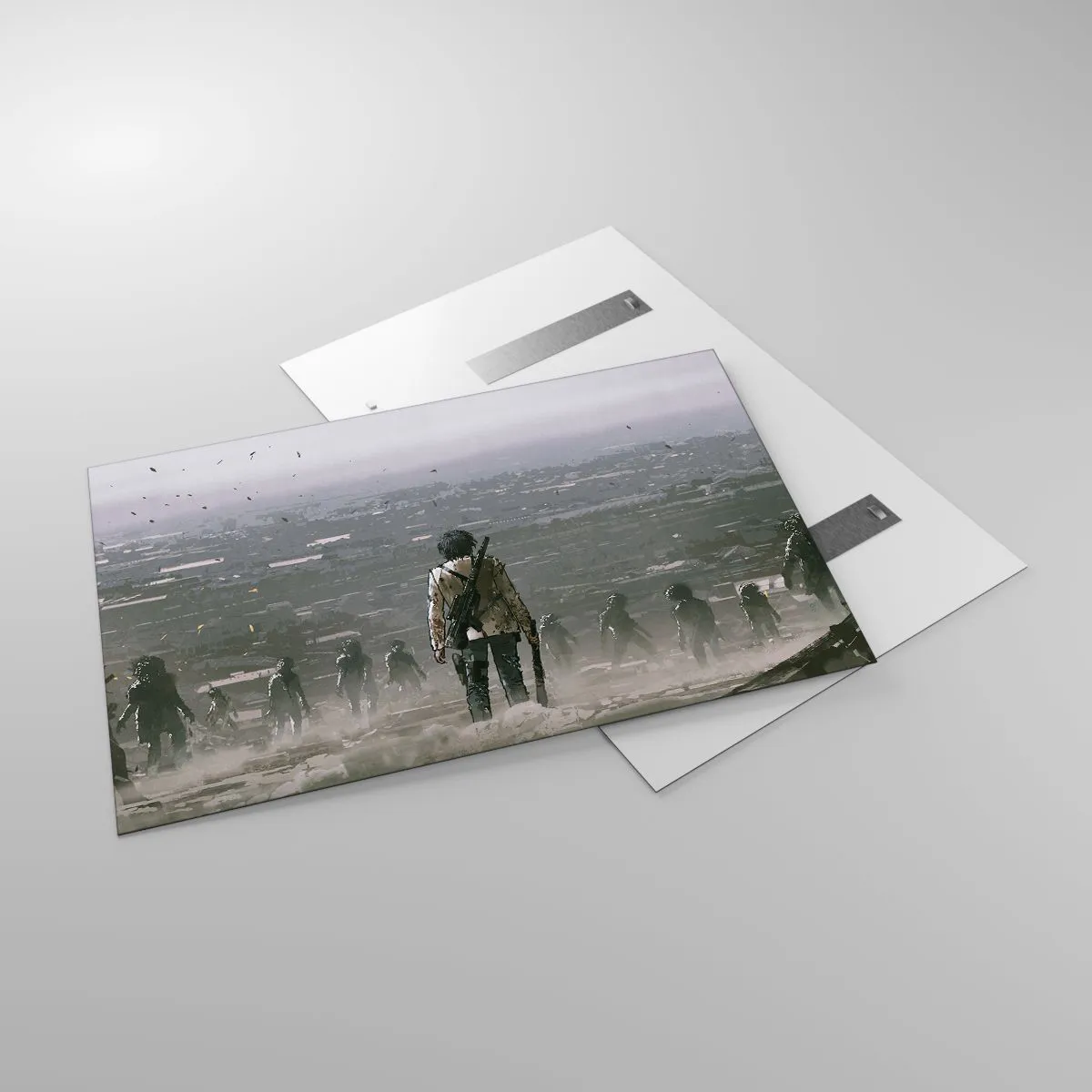 Obraz na szkle - Postać z karabinem w mrocznej scenerii zbliżającej się grupy - 120x80cm - Ostatni sprawiedliwy? - Nowoczesna dekoracja ścienna do salonu, kuchni i sypialni ARTTOR