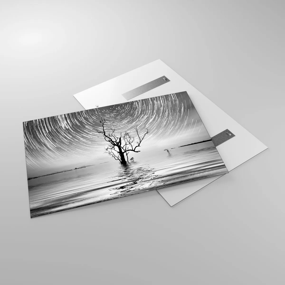 Obraz na szkle - Czarno-biały pejzaż z drzewem i smugami gwiazd - 120x80cm - Symfonia natury - Nowoczesna dekoracja ścienna do salonu, kuchni i sypialni ARTTOR